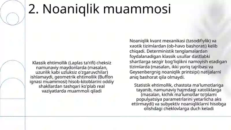 Ehtimolni hisoblashning klassik; geometrik va statistik usullarining chegaralanganligi 4