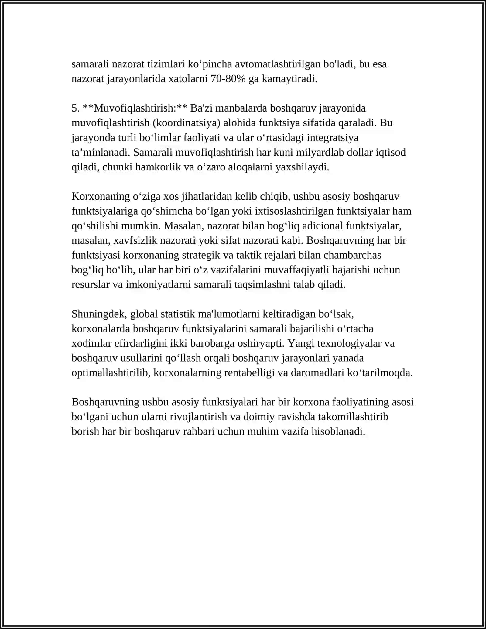 KORXONADA BOSHQARUVNING TASHKILIY TUZILMASI, BOSHQARUVDA MUVOFIQLASHTIRISH VA MOTIVATSIYA 4