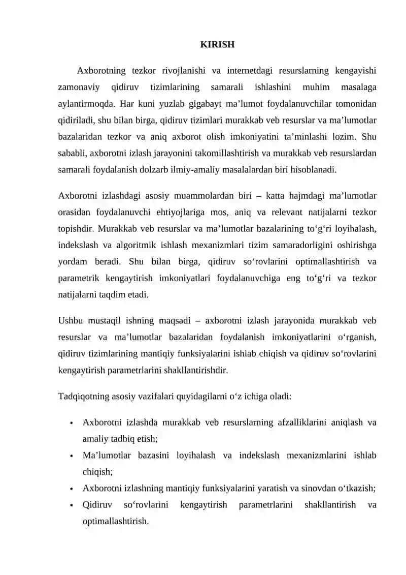 Axborotni izlashda murakkab veb resurslar va ma’lumotlar bazalaridan samarali foydalanish. 4