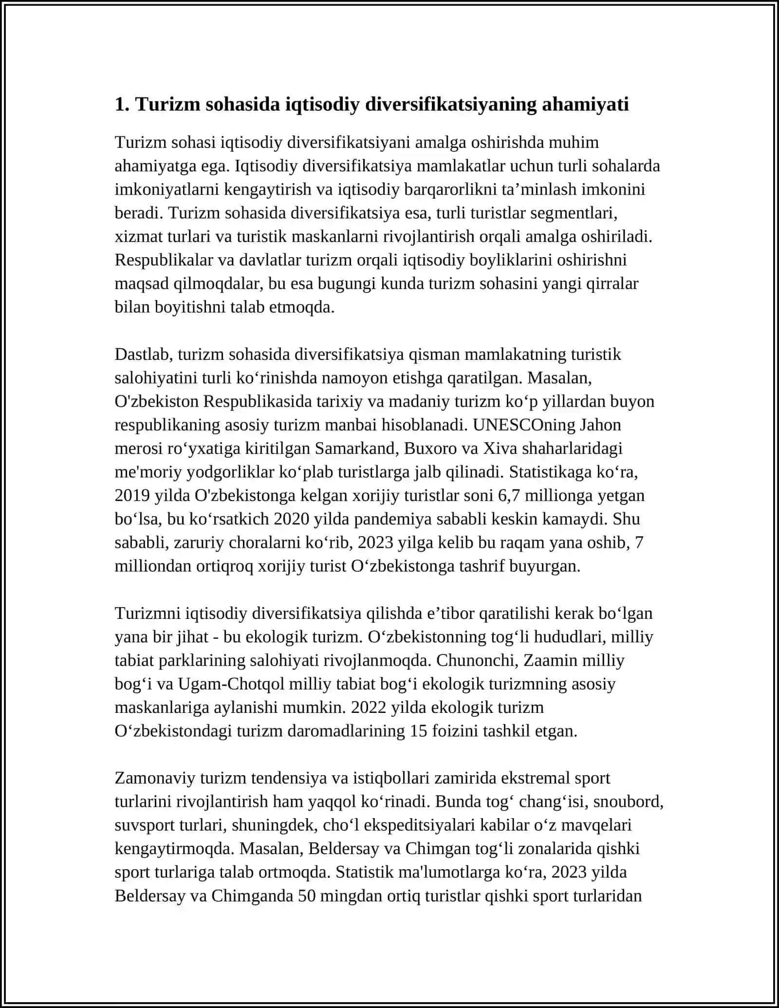 O'ZBEKISTONDA IQTISODIYOT TARKIBINI TUBDAN O'ZGARTIRISH, UNI DIVERSIFIKATSIYALASH VA MODERNIZATSIYA QILISH SHAROITLARIDA TURIZM RIVOJLANISHINING O'ZIGA XOS XUSUSIYATLARI 4