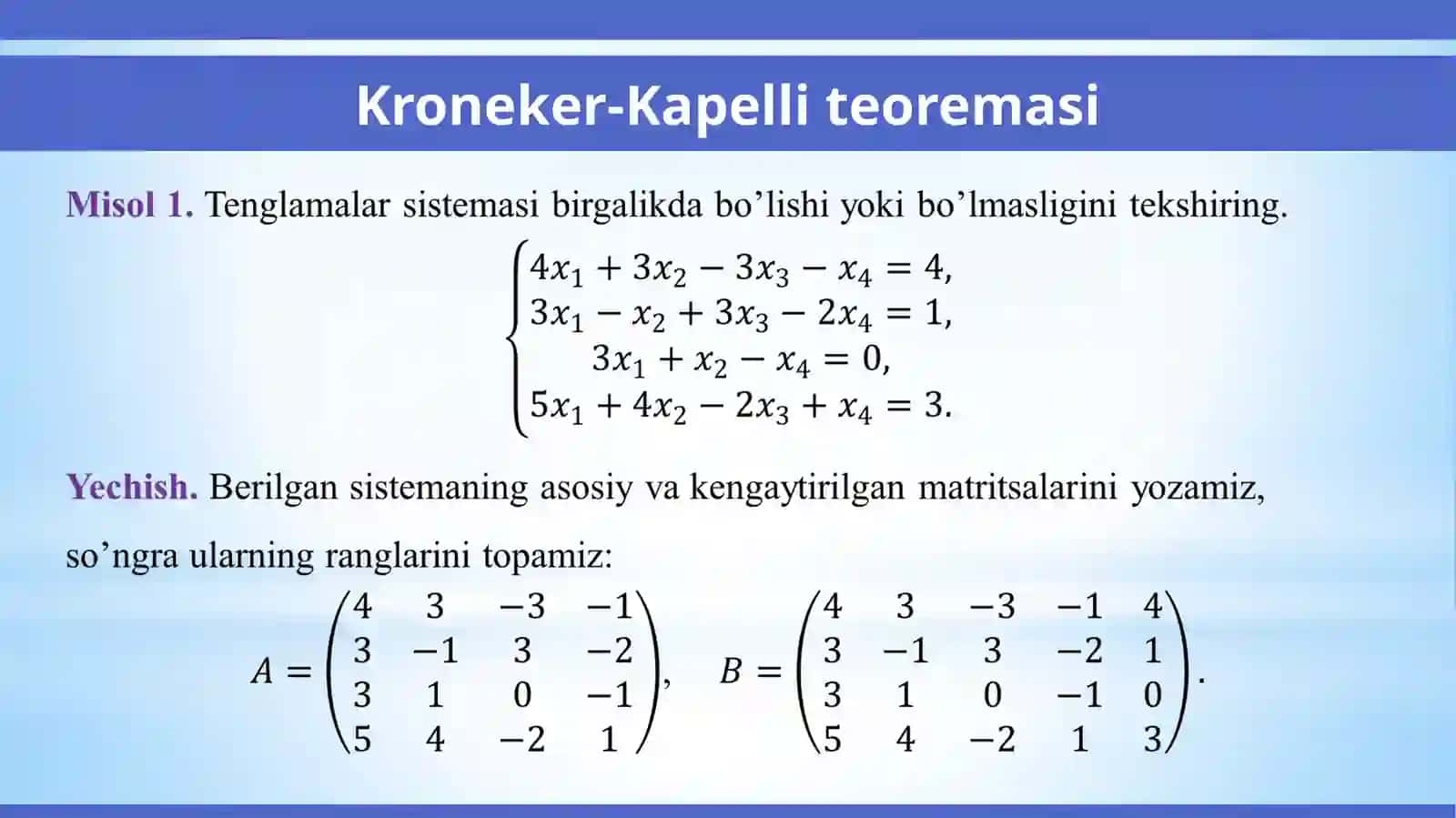 Chiziqlialgebraiktenglamalar sistemasini Kramer,Gauss va matritsalarda yechish.Birjinsli chiziqli algebraik tenglamalar sistemasi 4
