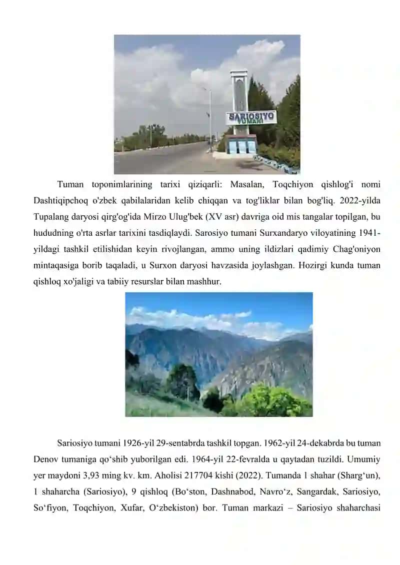 Surxondaryo viloyati, Sariosiyo tumani va Sangardak sharsharasi tarixi 4