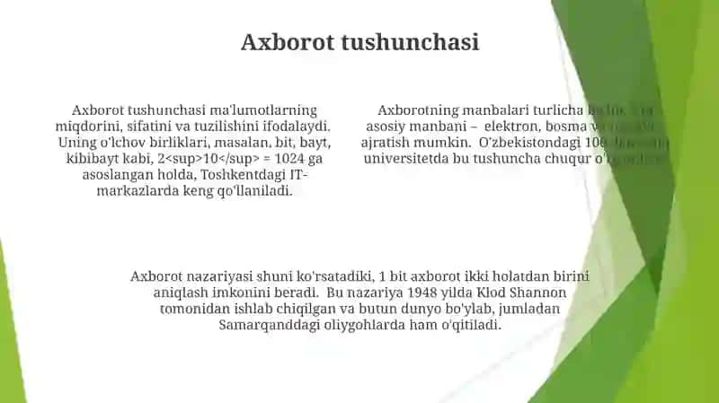 Axborot tushunchasi. Axborotning o'lchov birliklari 4