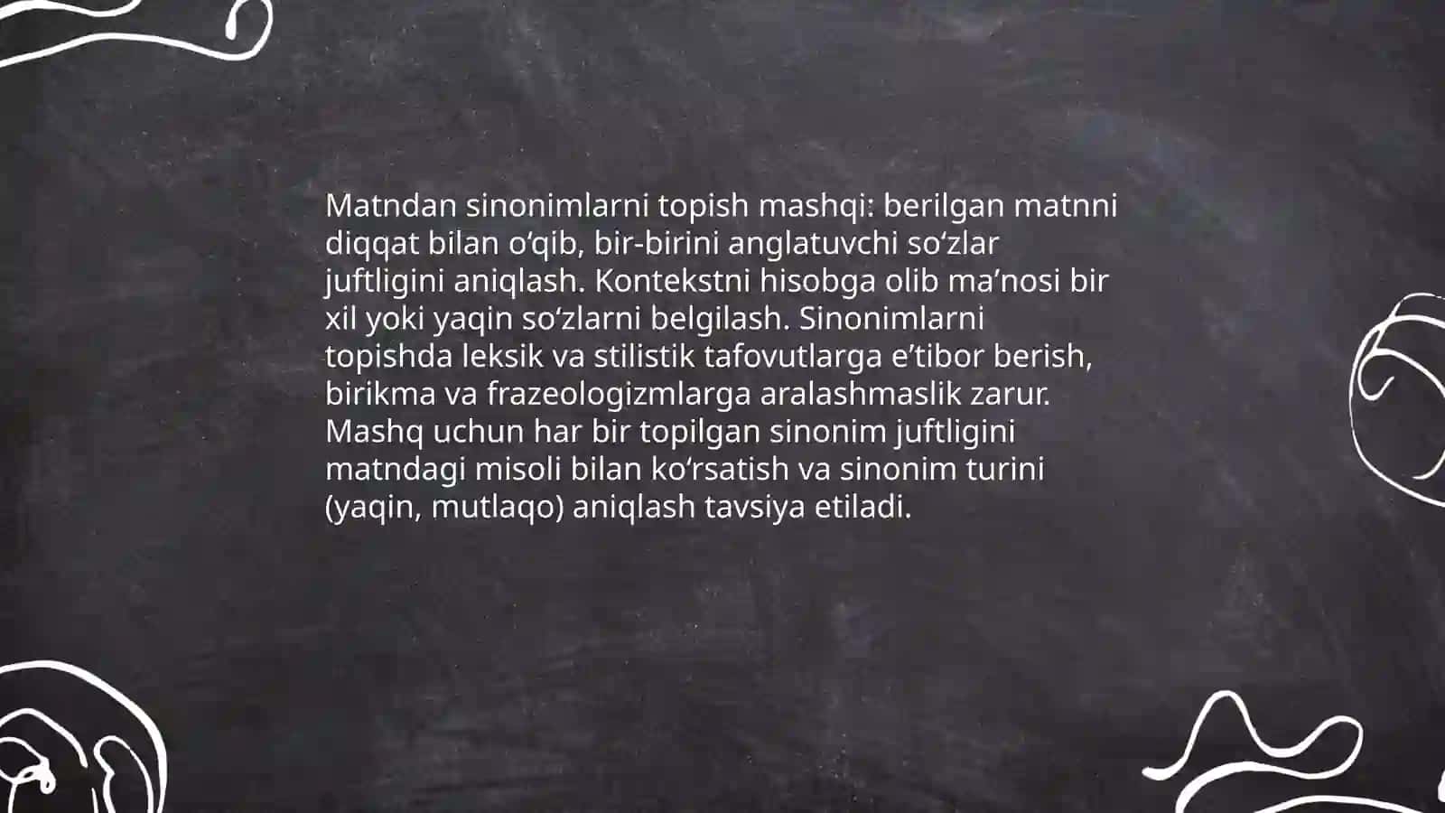 Sinonimlar va ularning turlarini aniqlashga doir mashqlar 4