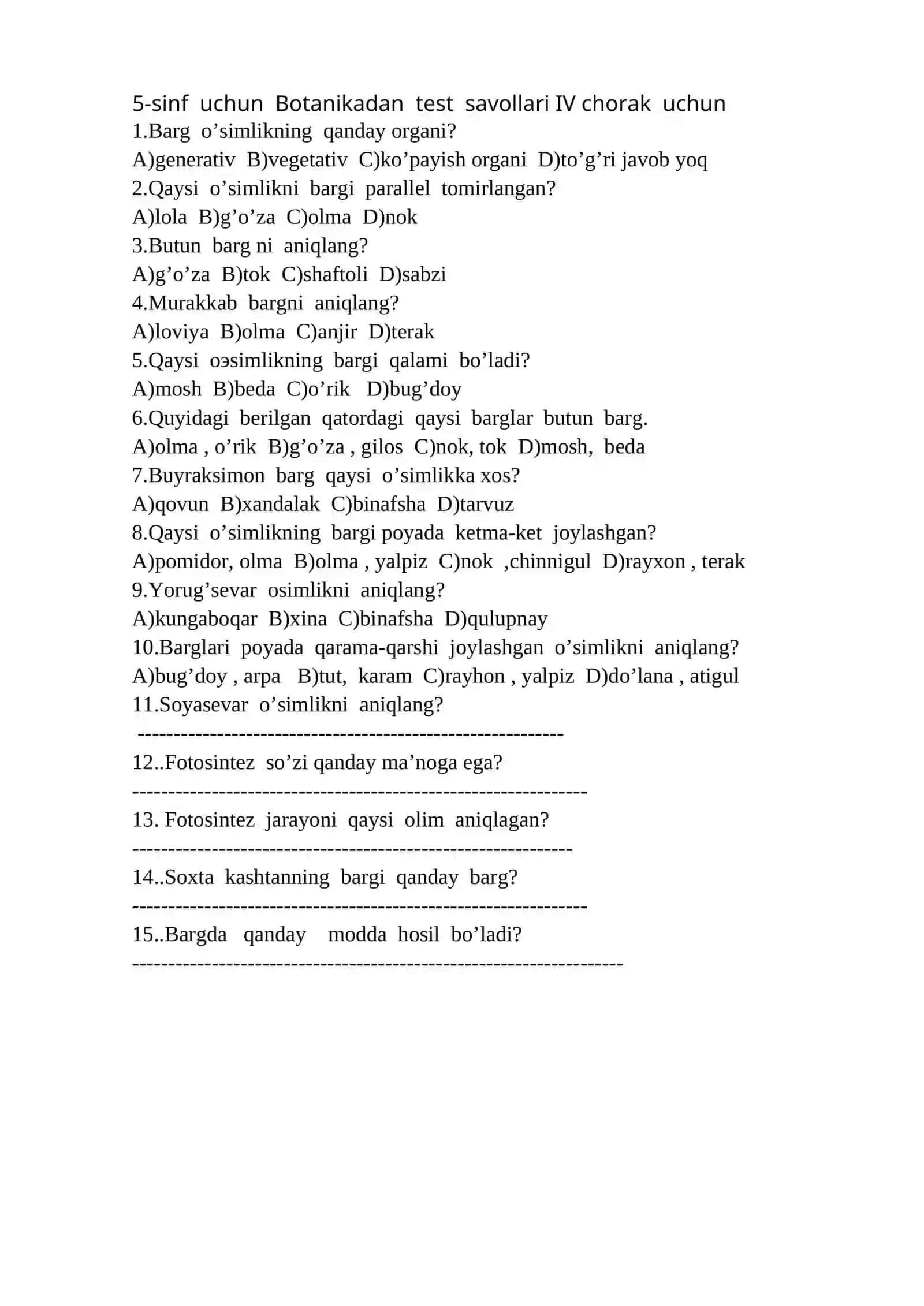 5-sinf botanika I-chorak uchun test savollari 4
