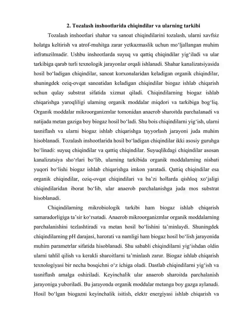 Tozalash inshootlari chiqindilarini biogaz olish uchun foydalanish 4