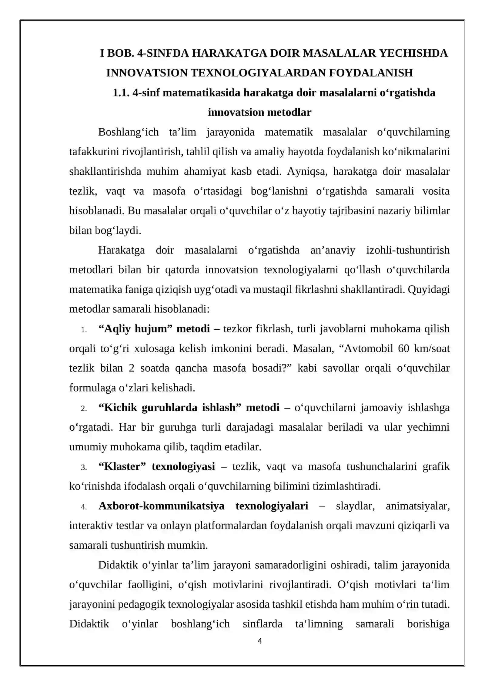 4-sinfda harakatga doir masalalar yechishda innovatsion texnologiyalardan foydalanish 4