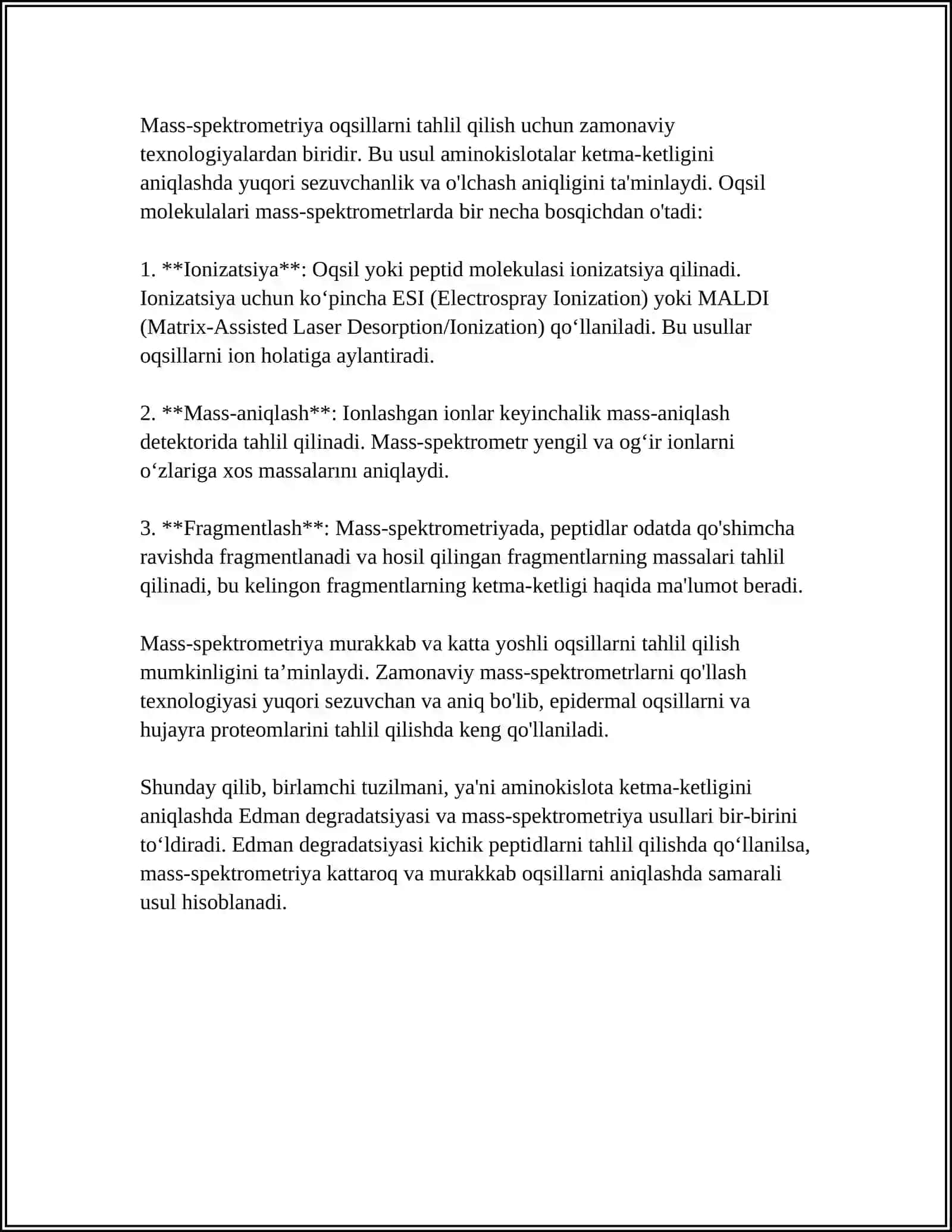 Birlamchi tuzilma: aminokislota ketma-ketligini aniqlash (Edman degradatsiyasi va mass‑spektrometriya) 4