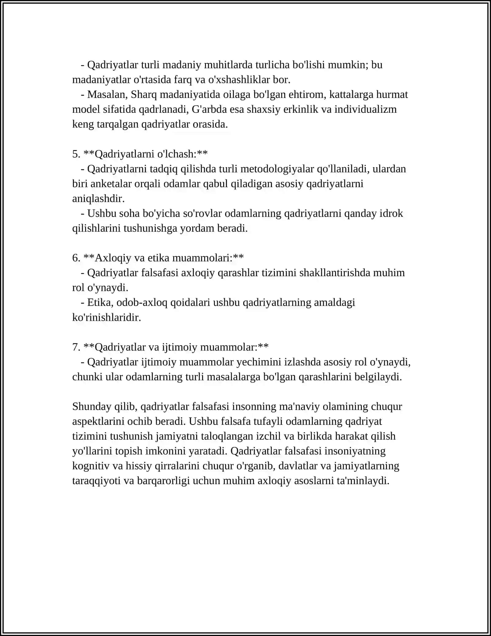 QADRIYATLAR FALSAFASI, ETIKA, ESTETIKA, GLOBAL JARAYONLAR VA BARQAROR TARAQQIYOT FALSAFASI 4