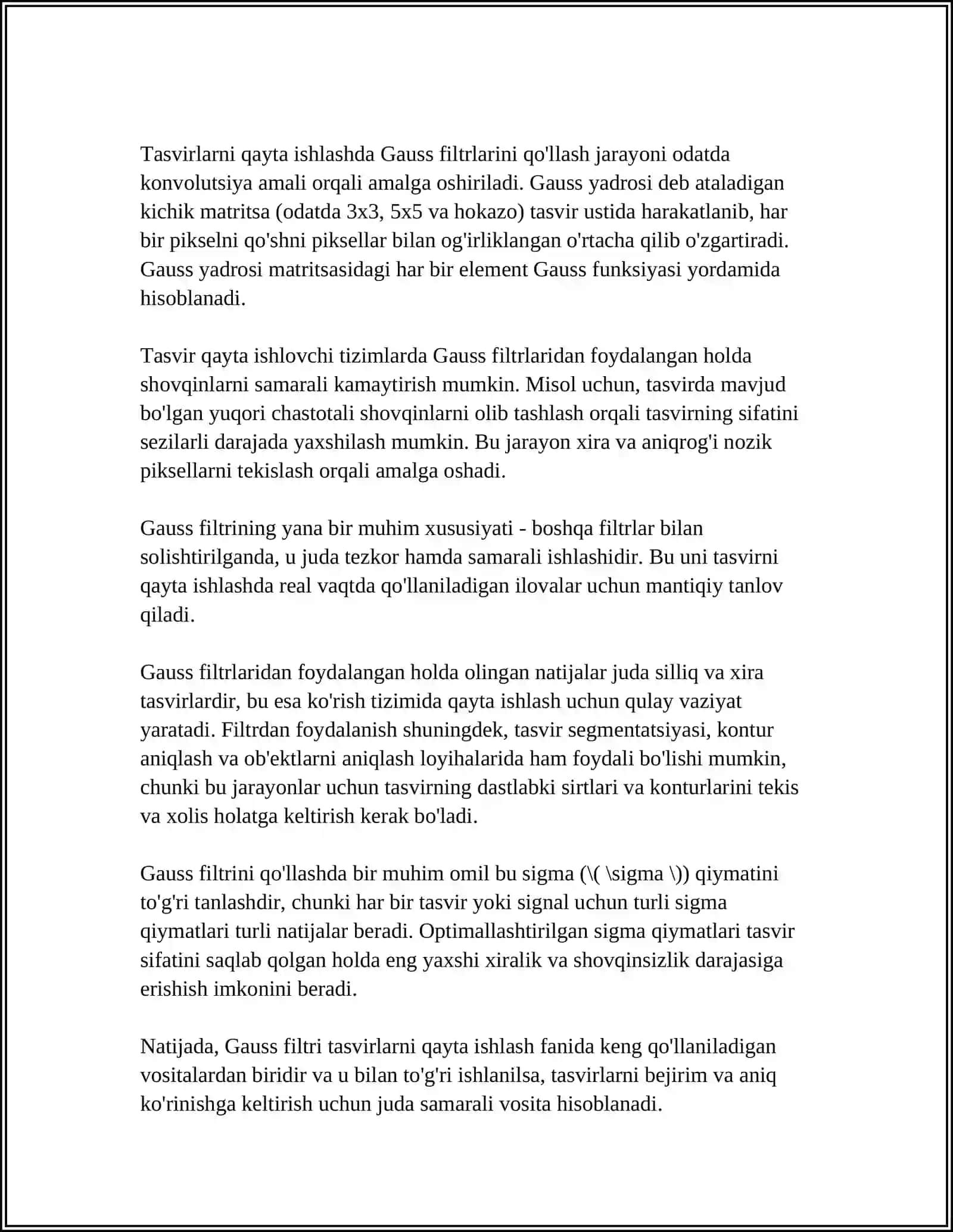 TASVIRLARNI QAYTA ISHLASH FANIDAN. GAUSS FILTRI VA UNING QO'LLANILISHI 4