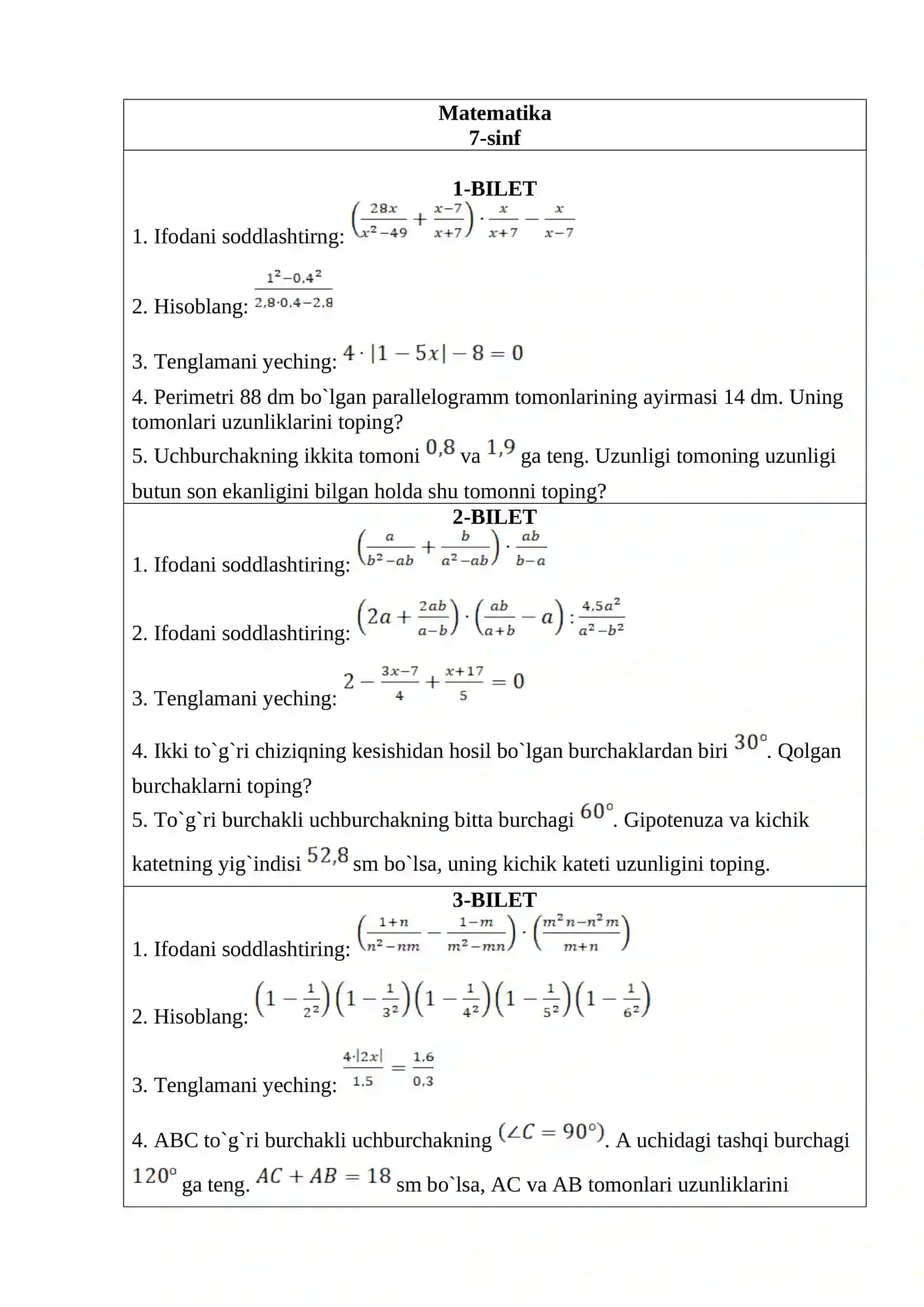 BOSQICHLI NAZORAT IMTIHONINI O‘TKAZISH BO‘YICHA MATEMATIKA FАNIDАN METODIK TAVSIYA VA MАTЕRIАLLАR 4