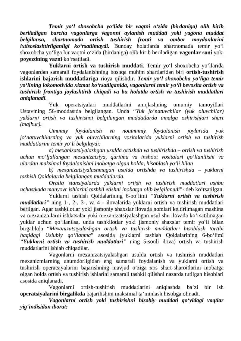Vagonlarni olib kirib berish va olib chiqish,ortish va tushirish frontlari hamda vagonlarni aylanish muddati 4
