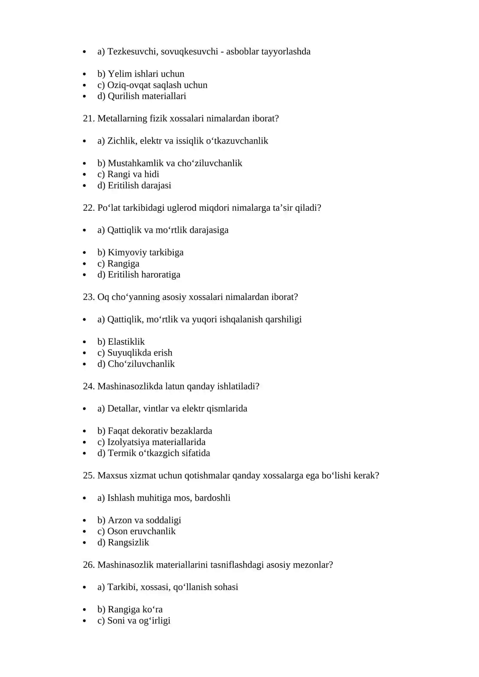 Mashinasozlik materiallari fanidan test 4