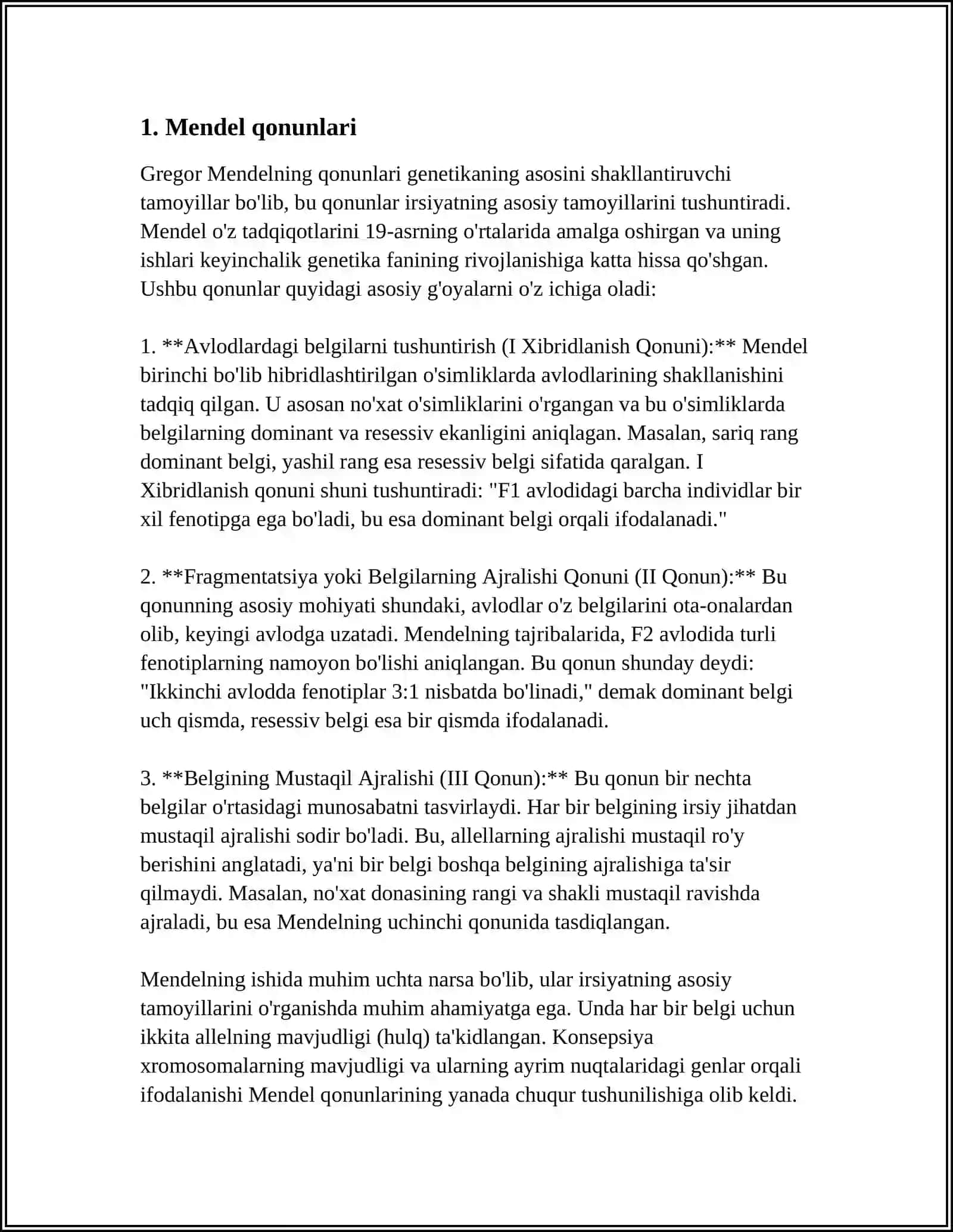 BELGILARNING IRSIYLANISH QONUNLARI.IRSIYAT QONUNLARI.GENETIK INJENERIYANING TIBBIYOTDAGI O'RNI.ANTIMUTAGENEZ 4