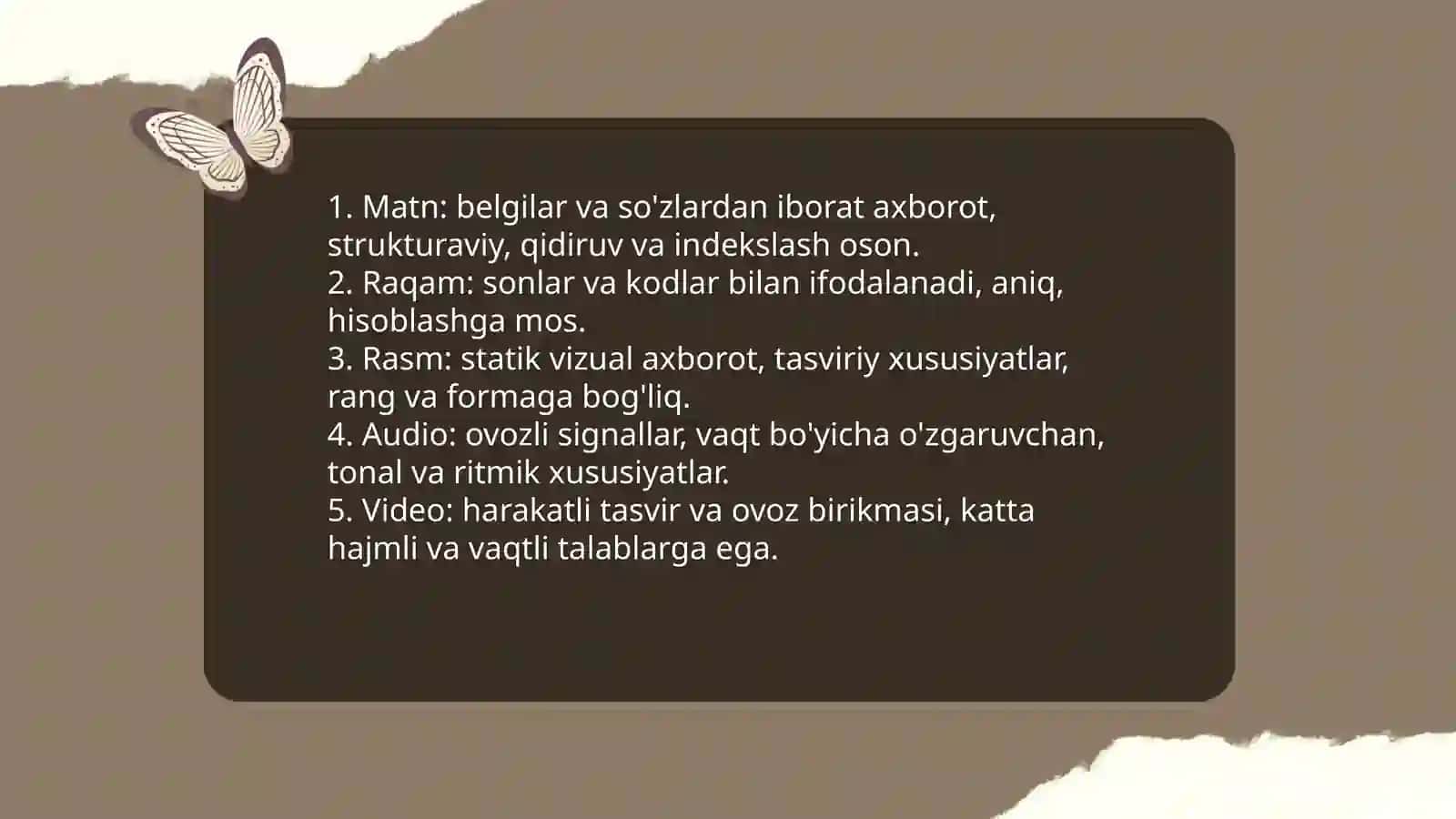 AXBOROTNING TURLARI VA XOSSALARI 4