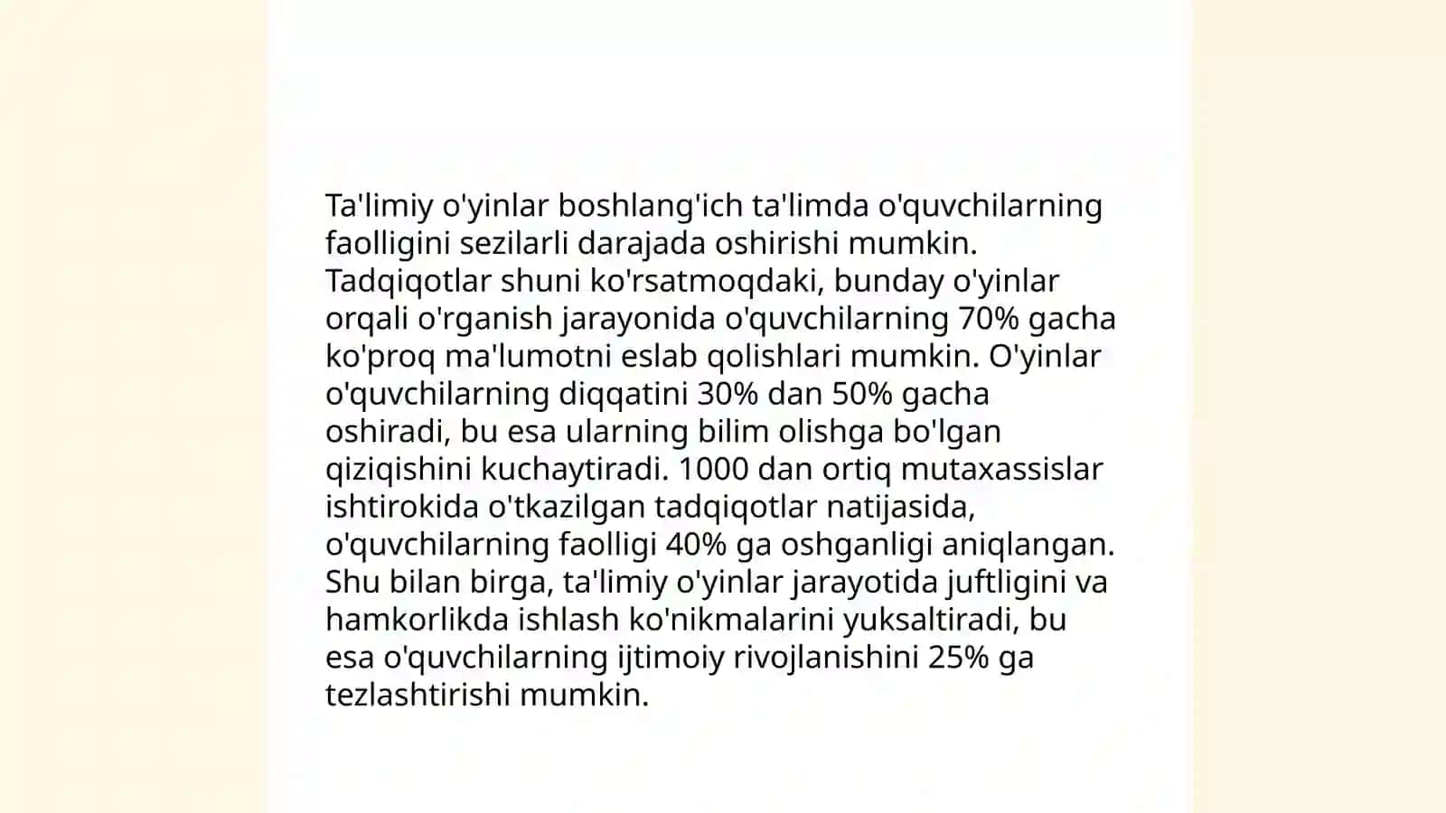 Boshlang‘ich ta’lim fanlarini o‘qitishda talimiy o‘yinlarning ahamiyati. Keys-stadi usulining o‘ziga xosligi. ”Venn diagrammasi” pedagogik texnologiyasini tabiiy fan darslarida qo’llash. “Nilufar guli” interfaol metodini matematika darslarida qo’llash 4