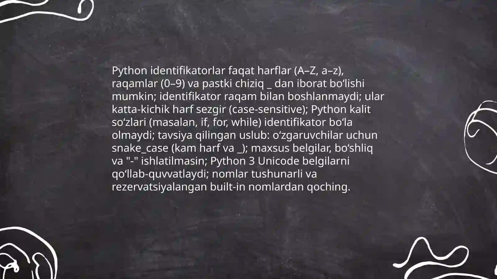 Python dasturlash tilining alifbosi,buyruqlar tizimi va operatorlari 4