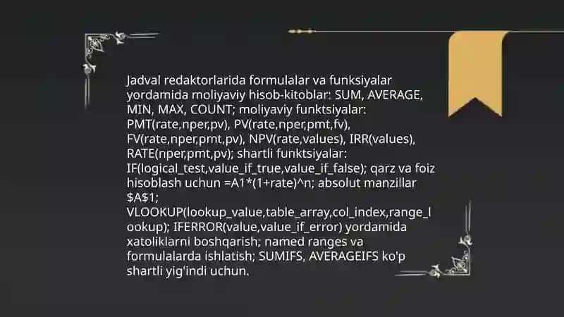 Jadval redaktorlardan iqtisodiy masalalarni yechish jarayonida foydalanish 4