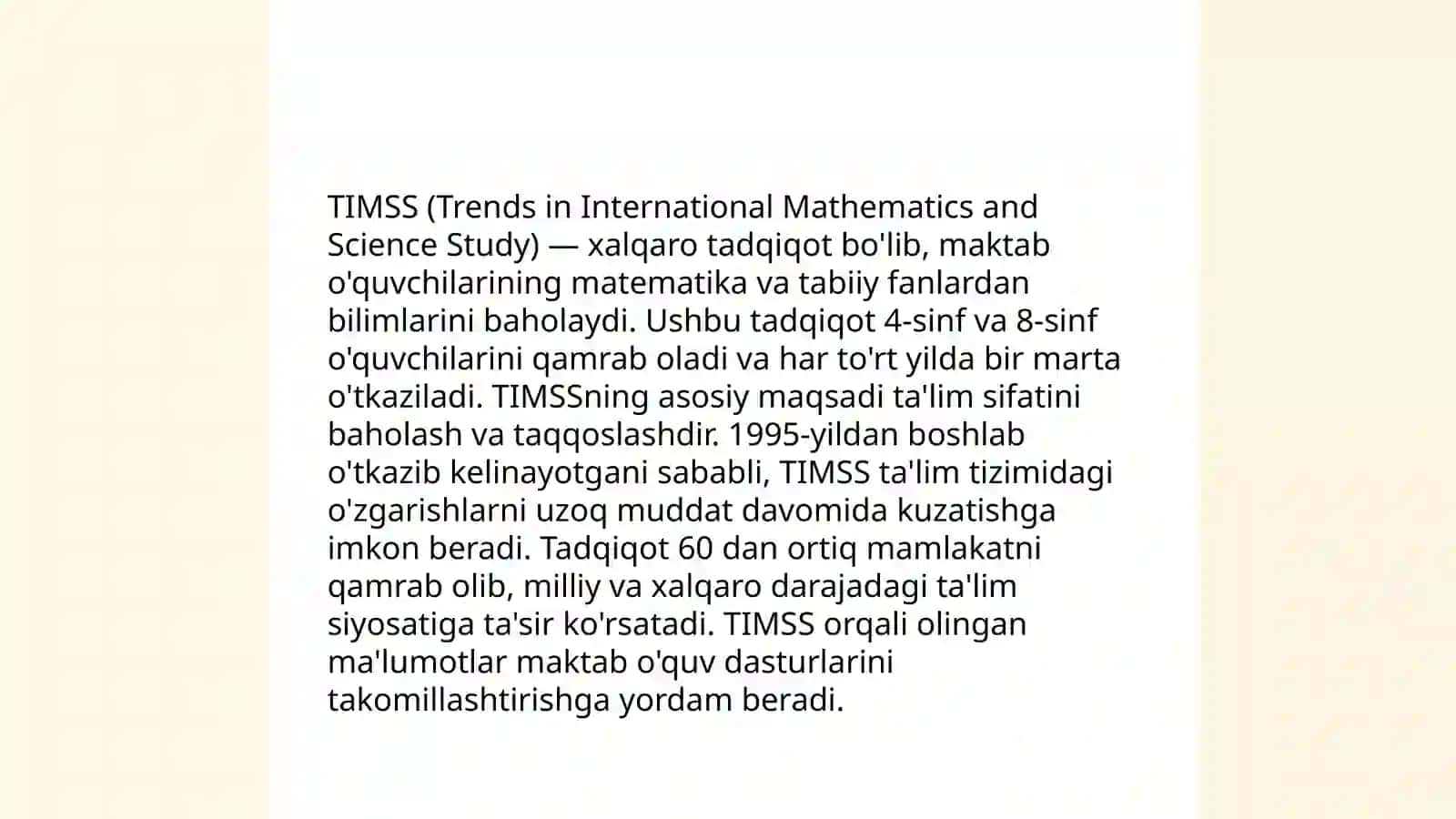 Xalq taʼlimi tizimida taʼlim sifatini baholash bo'yicha xalqaro tadqiqotlarni ( PISA, TIMSS, PIRLS, TALIS) joriy etishning meyoriy huquqiy asoslari, asosiy maqsadlar va chora tadbirlar 4