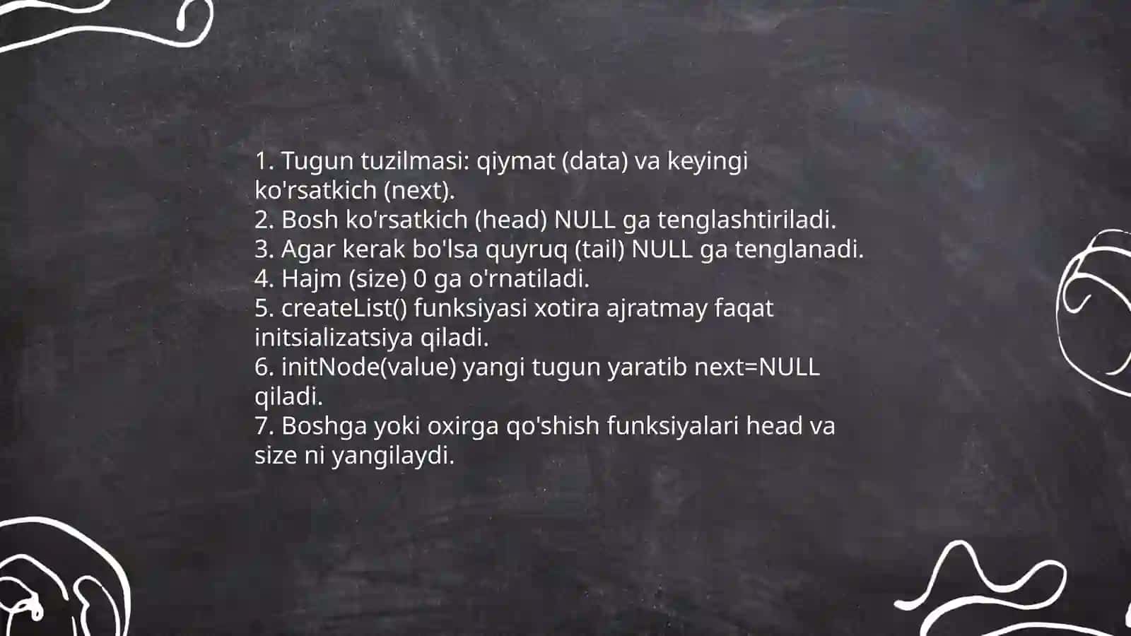 Bir bogʻlamli royxatlar ustida amallar va ularning algoritmlari 4