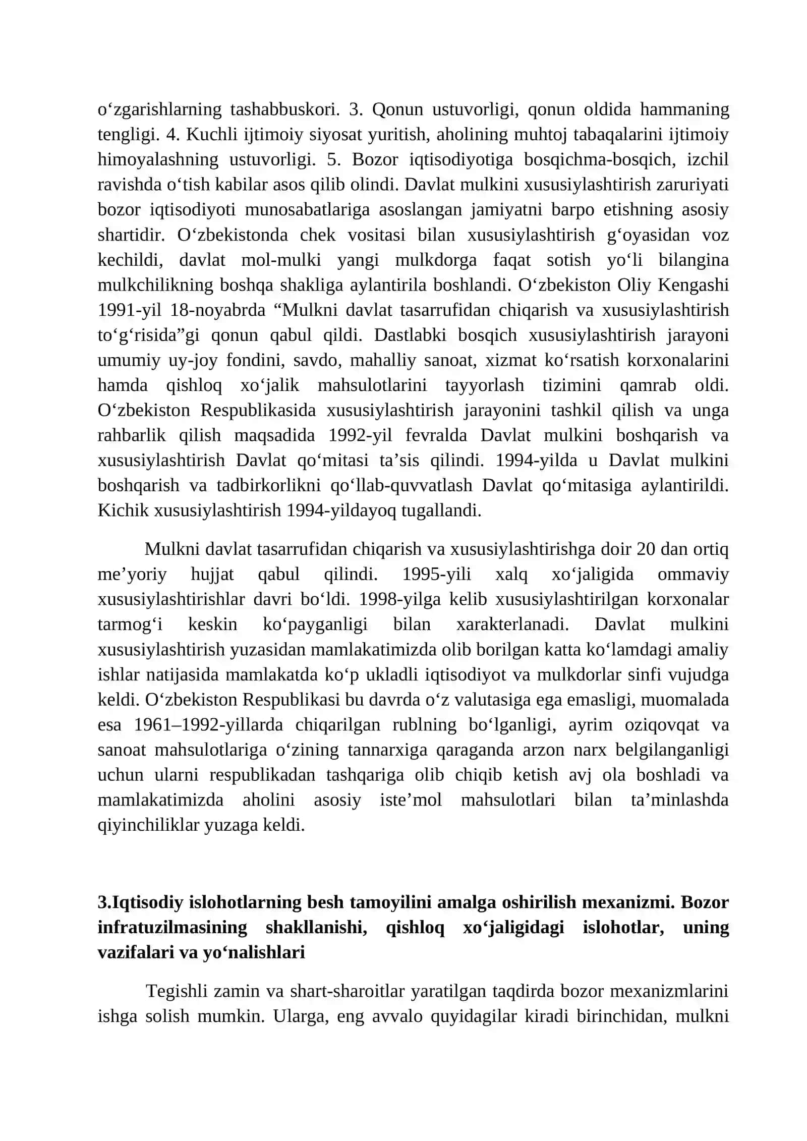 Iqtisodiy islohotlar, xususiy mulkchilikning shakllanishi. O‘zbekistonda bozor munosabatlarining rivojlanishi 4