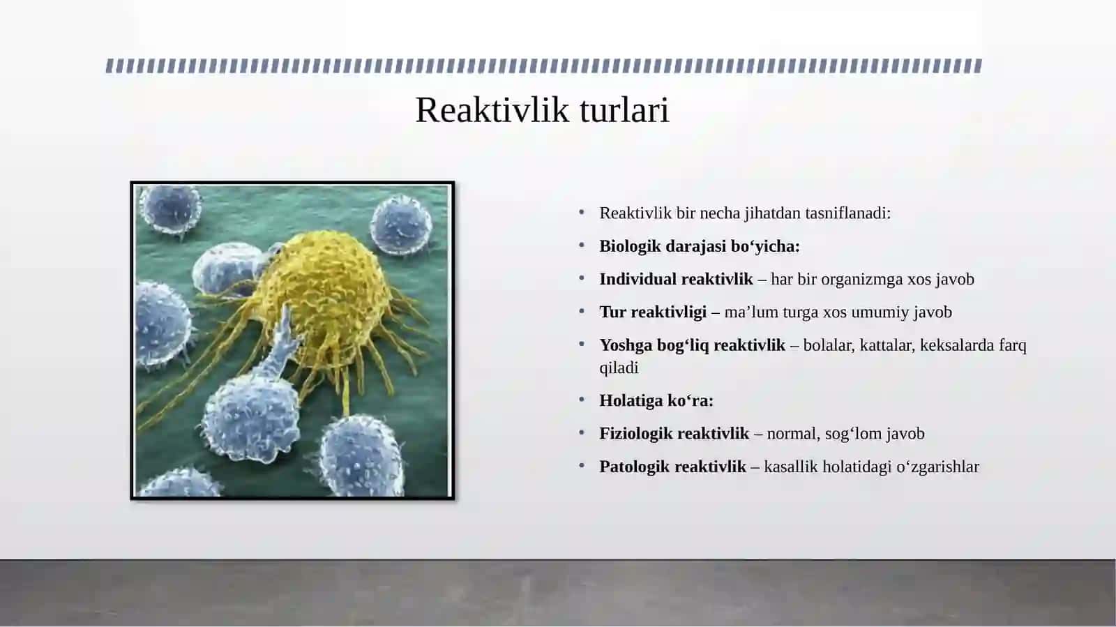 Reaktivlikda to'siq sistemalarining ahamiyati, fagotsitozning roli (in vivo fagotsitoz). Reaktivlik turlari, uning ma'nosi, evolyutsiya nuqtai nazaridan rivojlanishi. Fagotsitoz fazalari. Immunitet reaktsiyasida tana to'siqlarining roli. Og'iz to'qimalarining reaktivligi va qarshiligining o'ziga xosligi. 4