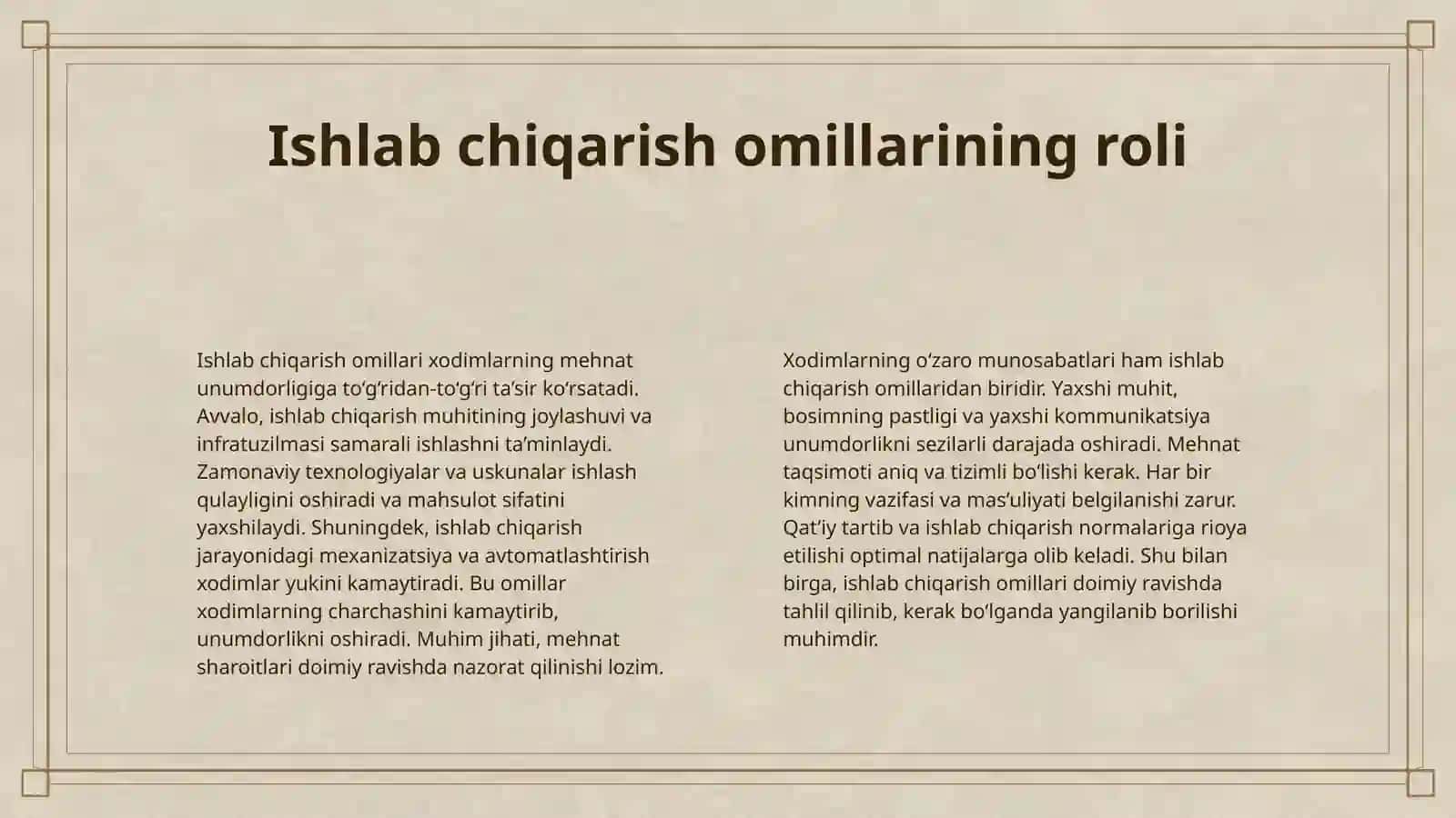 SANOAT ISHLAB CHIQARISH XODIMLARI MEHNAT UNIMDORLIGIGA TASIR ETUVCHI OMILLAR VA ULARNI TAHLILI 4