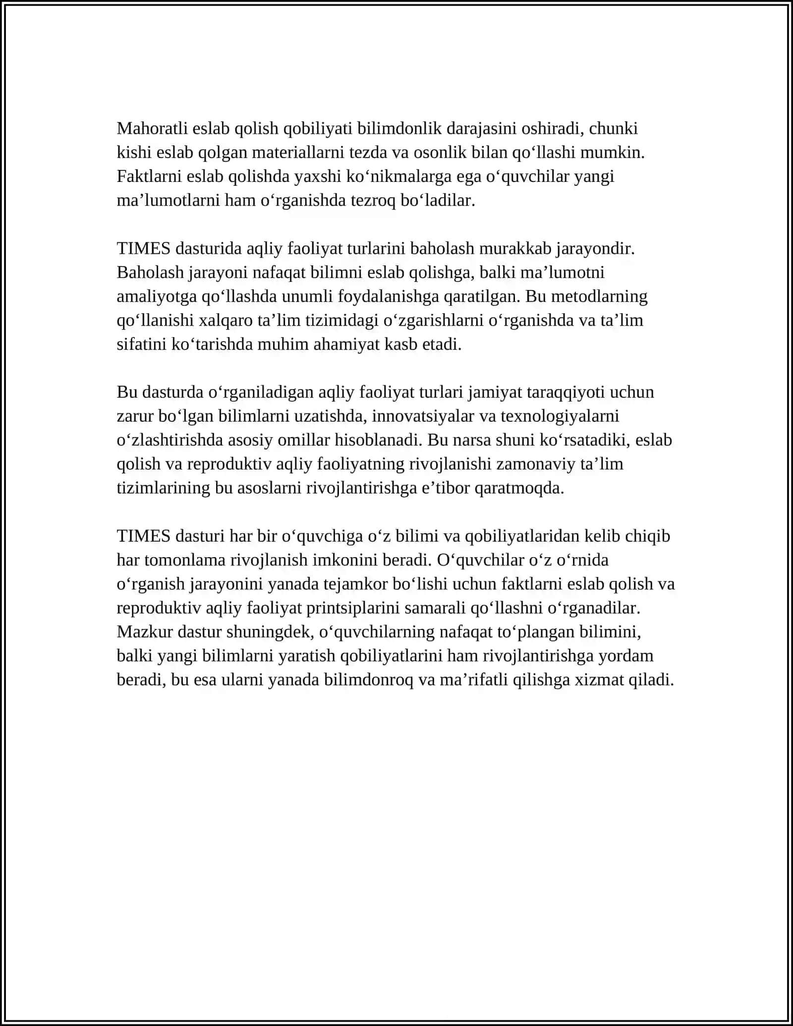 TIMES XALQARO BAHOLASH DASTURIDA AQLIY FAOLIYAT TURLARI 4