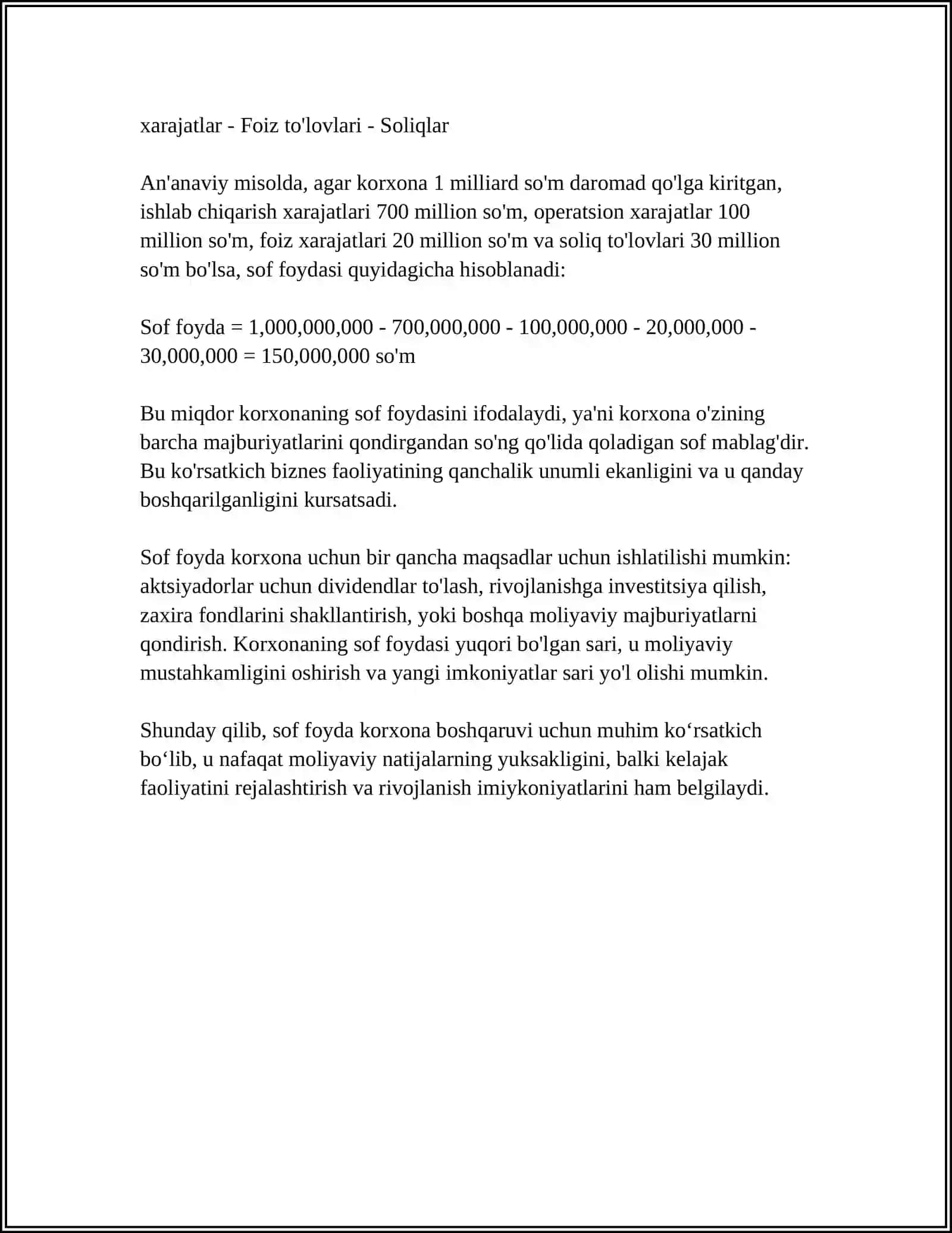 KORXONA FOYDASINING TAQSIMLANISHI VA ISHLATILISHI 4