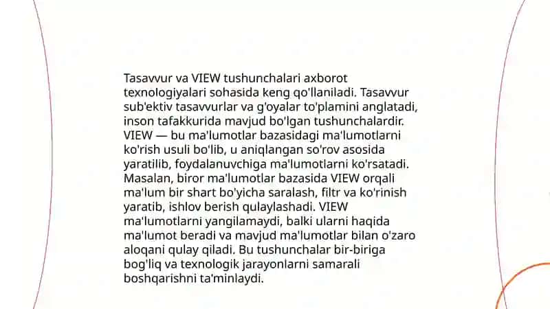 Ma’lumotlar bazasiga so’rovlar yaratish. Tasavvur, VIEW yaratish va undan foydalanish 4