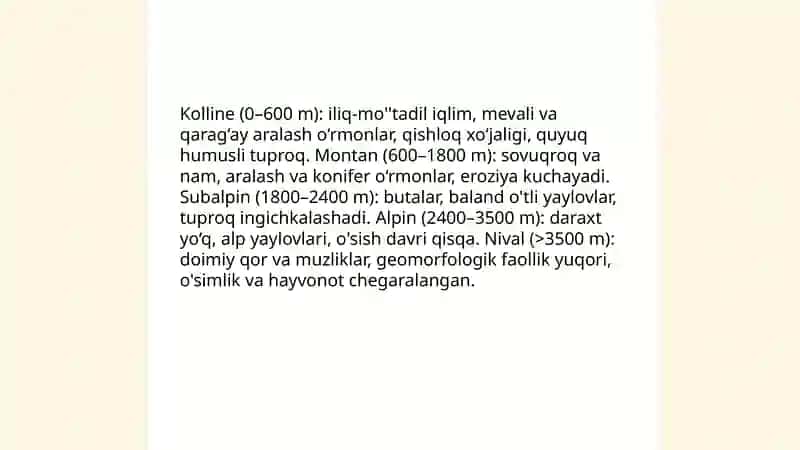 Landshaftlarning balandlik mintaqalarishi va landshaft yaruslari 4