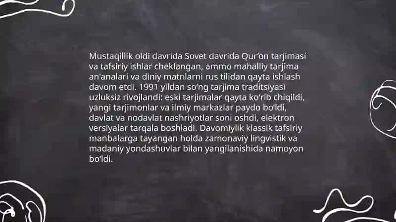 Mustaqillik yillarida Qur’oning oʻzbek tiliga tarjima qilinishi va tafsirlari haqida taqdimot tayyorlash 4