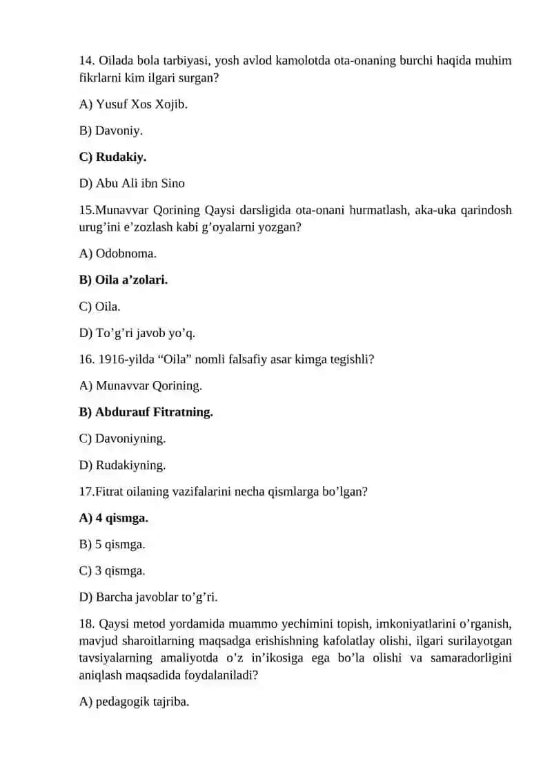OILA PEDAGOGIKASI FANIDAN TEST SAVOLLARI 4