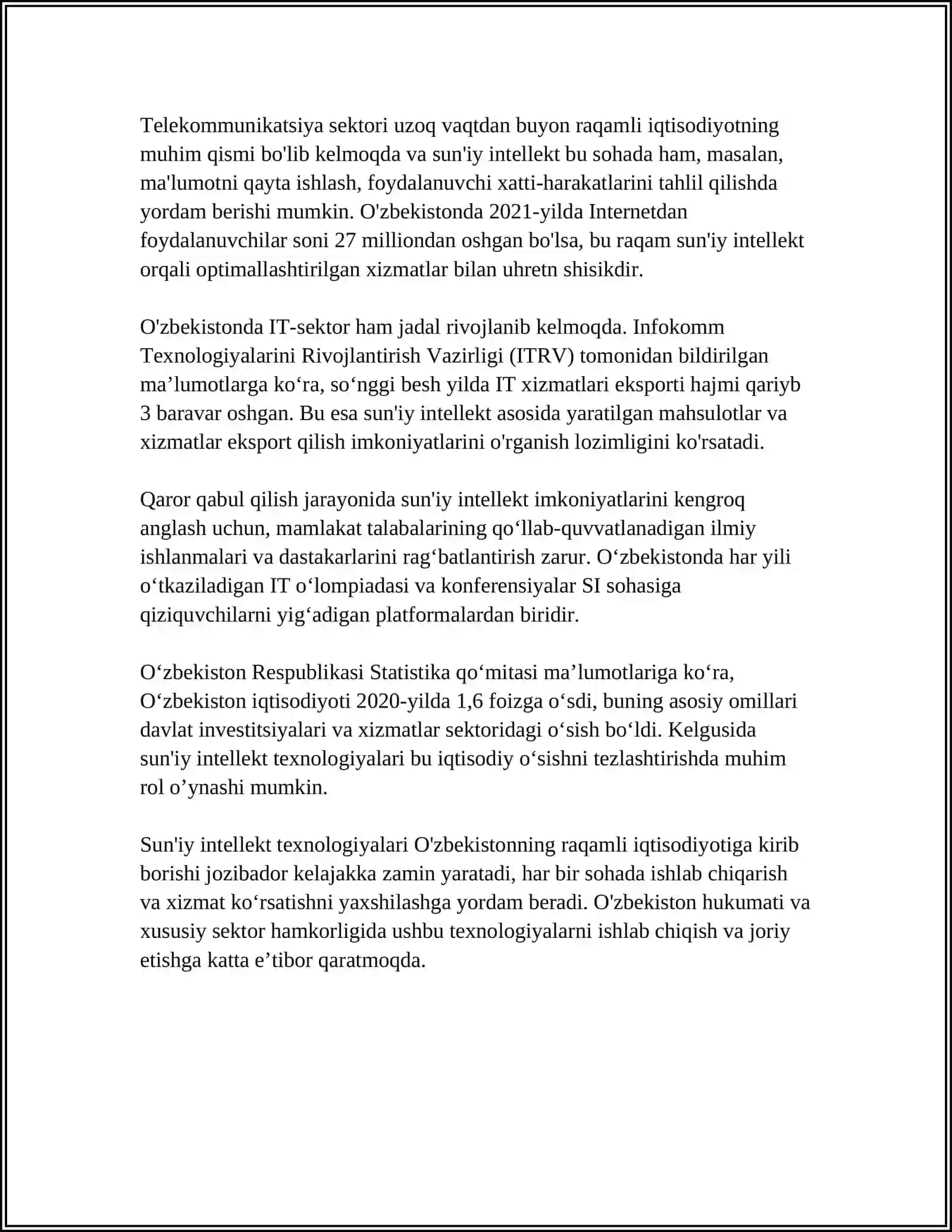 OZBEKISTAN RAQAMLI IQTISODIOTIDA SUN’IY INTELLEKTNING TA’SIRI 4