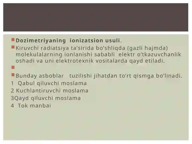 Rаdiоаktiv zаrrаchаlаrning hаmdа zаhаrlоvchi mоddаlаrning muhitdа bоrligini kо’z bilаn yoki bоshqа sеzgi оrgаnlаri оrqаli аniqlаsh mumkin 4