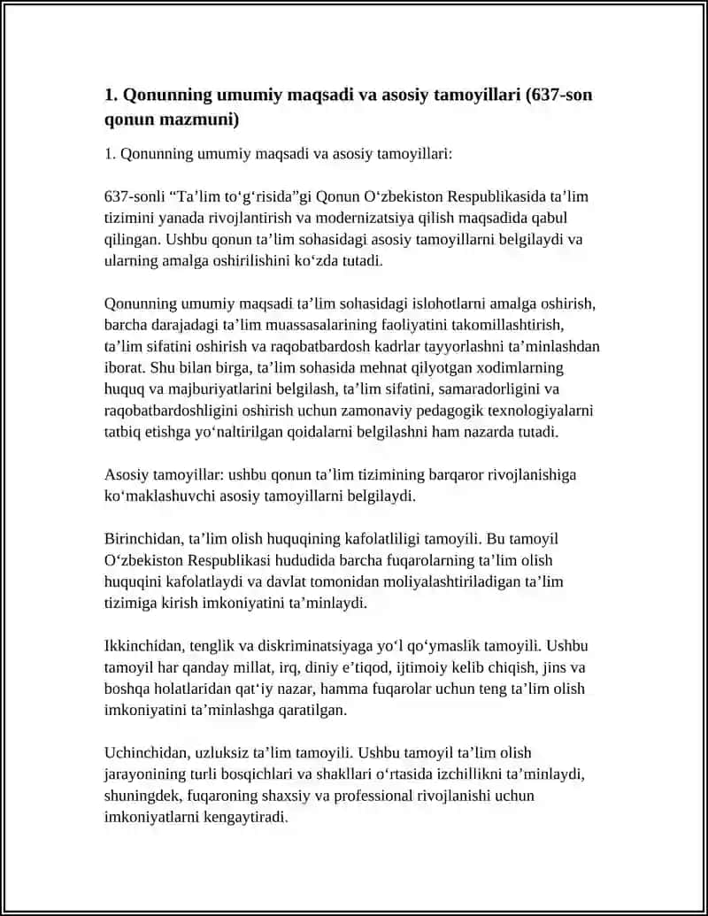 O‘zbekiston Respublikasining “Ta’lim To‘g‘risida”gi 23.09.2020 yildagi 637-son qonuni mazmuni, moddalar tahlili va ta’lim sohasidagi ustuvor yo‘nalishlar 4