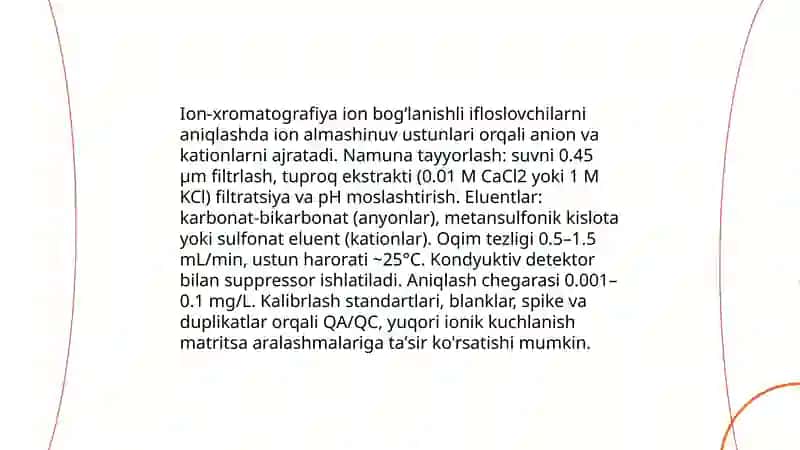 Tuproq va suvning ifloslanishida ion bogʻlanishli birikmalarni aniqlab ulardan tozalash usulini ishlab chiqish Sangina ilashova 4