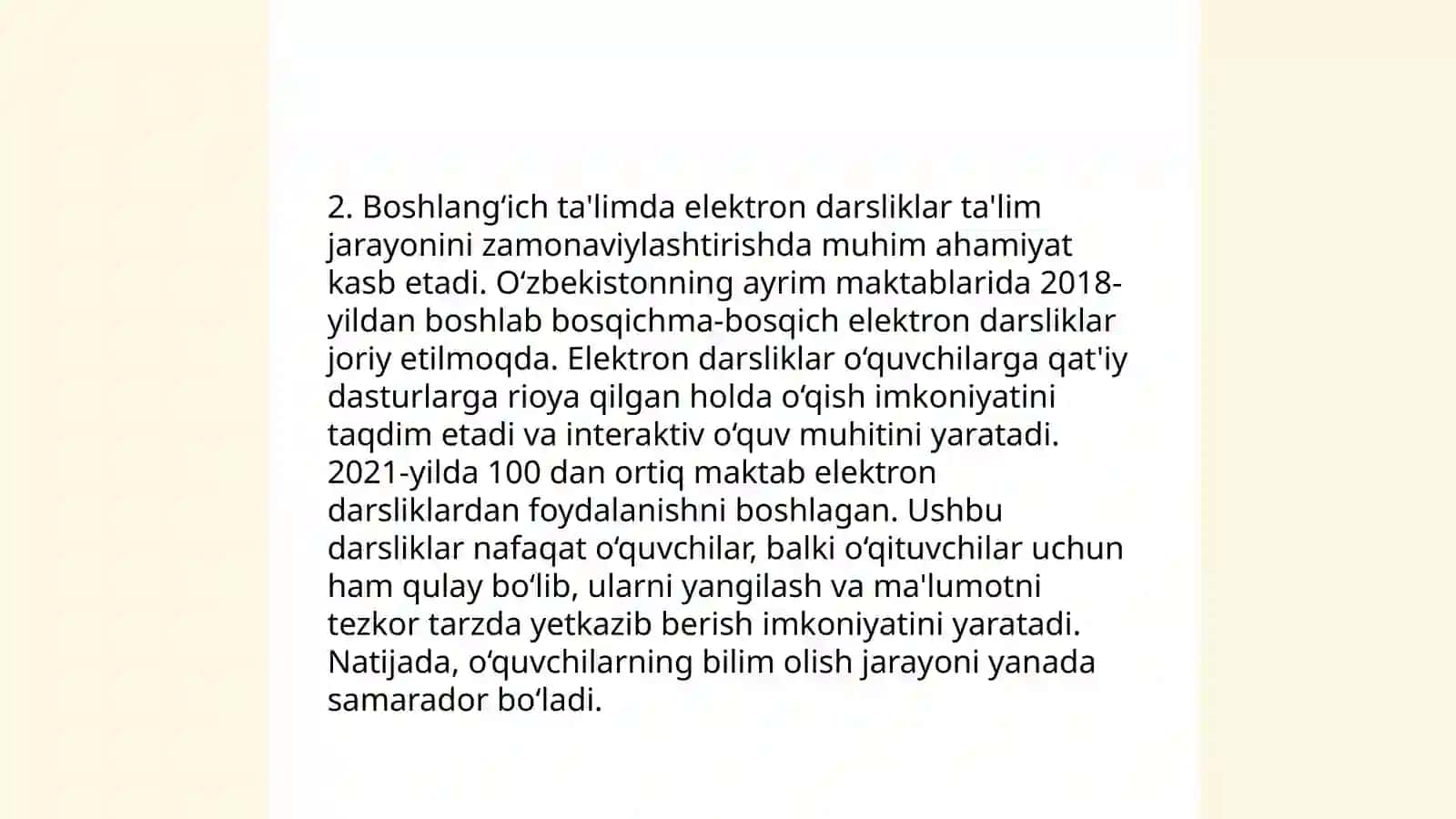 Elektron ta'lim resurslarini boshlangichda tutgan orni 4