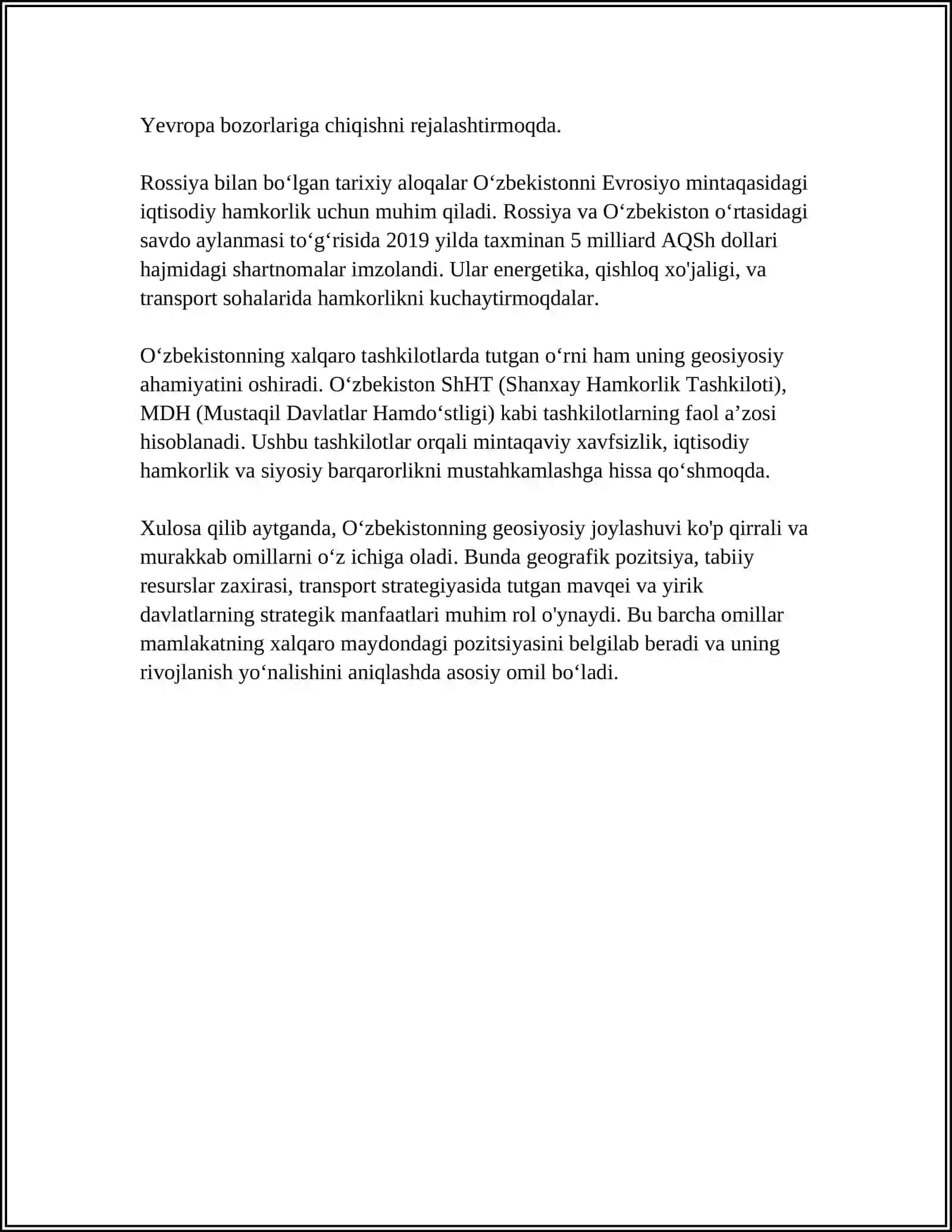 O‘ZBEKISTONNING MARKAZIY OSIYODA TINCHLIK VA BARQARORLIKNI TAʼMINLASHDAGI O‘RNI 4