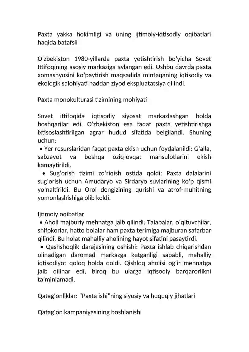 O‘zbekistonda 80-90-yillardagi ijtimoiy-siyosiy vaziyat: paxta yakka hokimligi va qatag‘onliklar 4