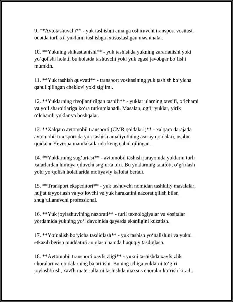 AVTOMOBIL DA YUK TASHUVCHILAR UCHUN AT. TAʼRIF LAR VA MASHRUTLAR MODULI 4