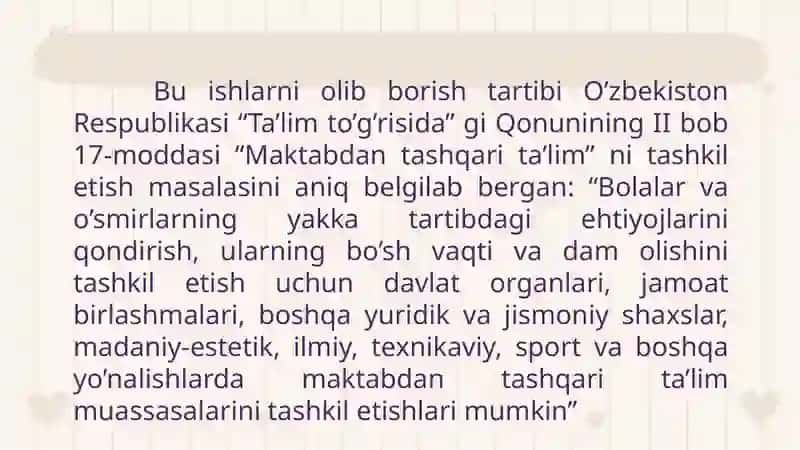 Sinfdan va maktabdan tashqarifa o'liyat 4