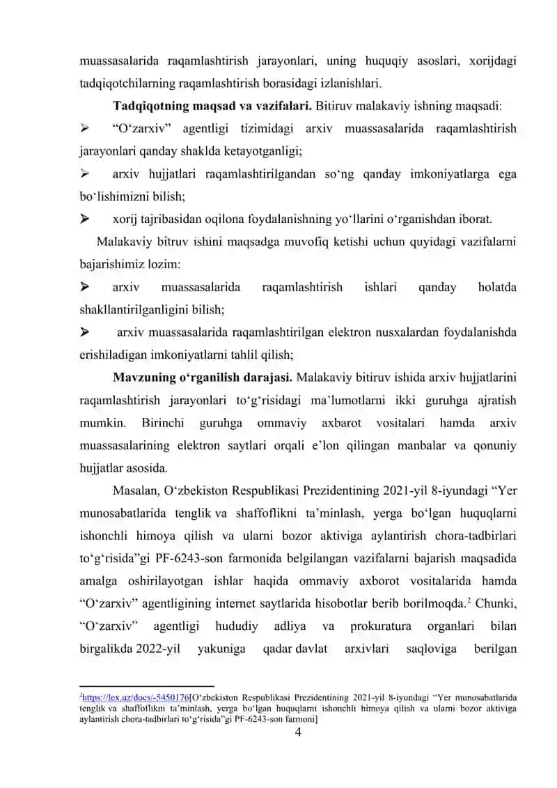 Elektron arxivlar evolyutsiyasi an’anaviydan raqamligacha. Elektron arxivlar tarixi va rivojlanishini ko‘rib chiqish, an’anaviy qog‘oz formatlaridan raqamli texnologiyalarga o‘tish 4