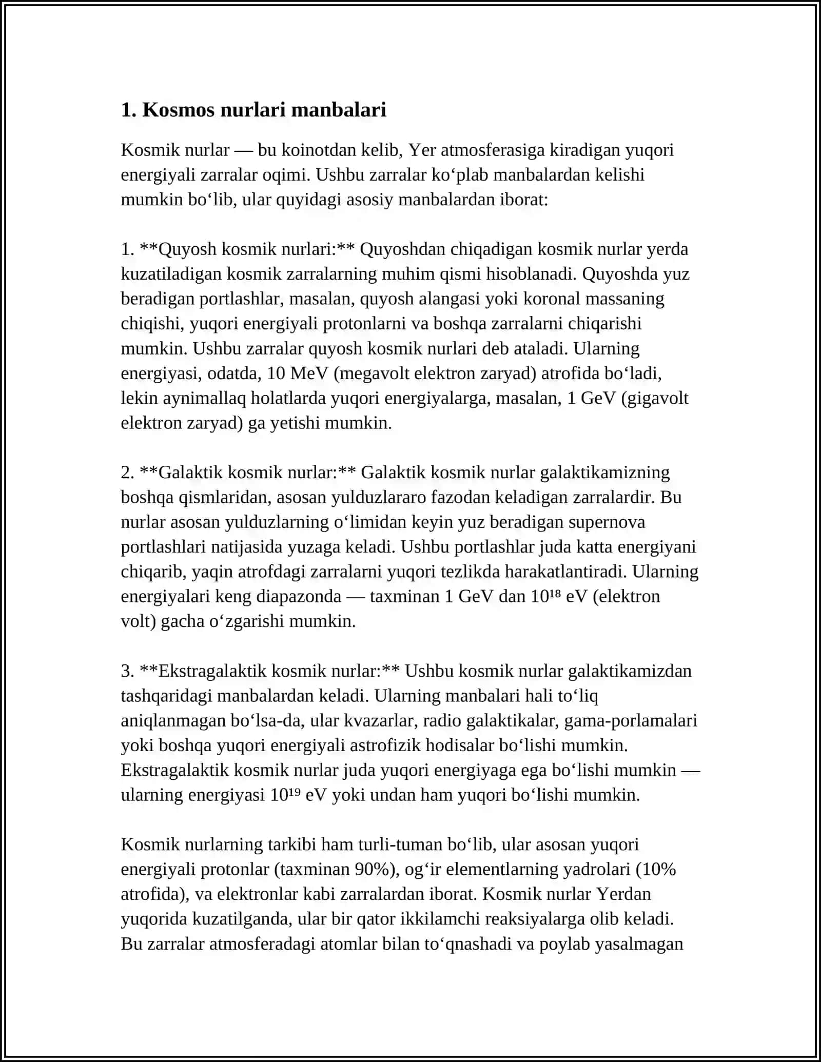 KOSMOS NURLARI.KOSMOS NURLARINING DARAKLARI ENERGIYASI VA XIMIYALIQ VOSITALARI 4