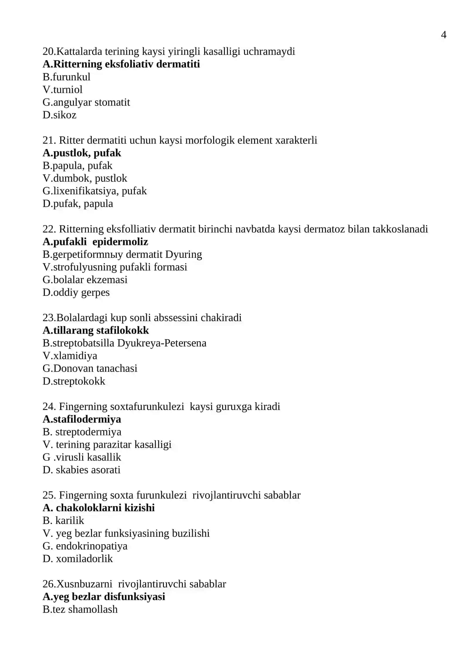 Dermatologiya teri tanosil kasalliklari magistratura kirish test savollari 2026 yil 4