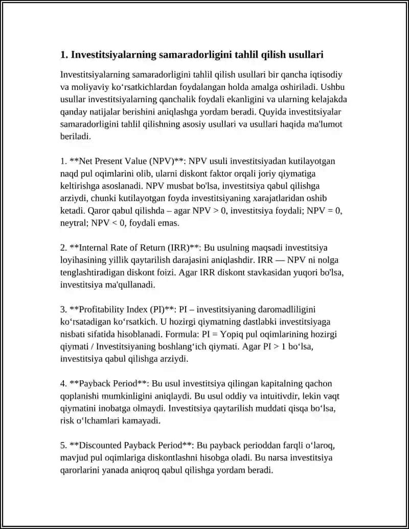 MOLIYAVIY REJALASHTIRISHDA INVESTITSIYALAR DAROMADLILIGI 4