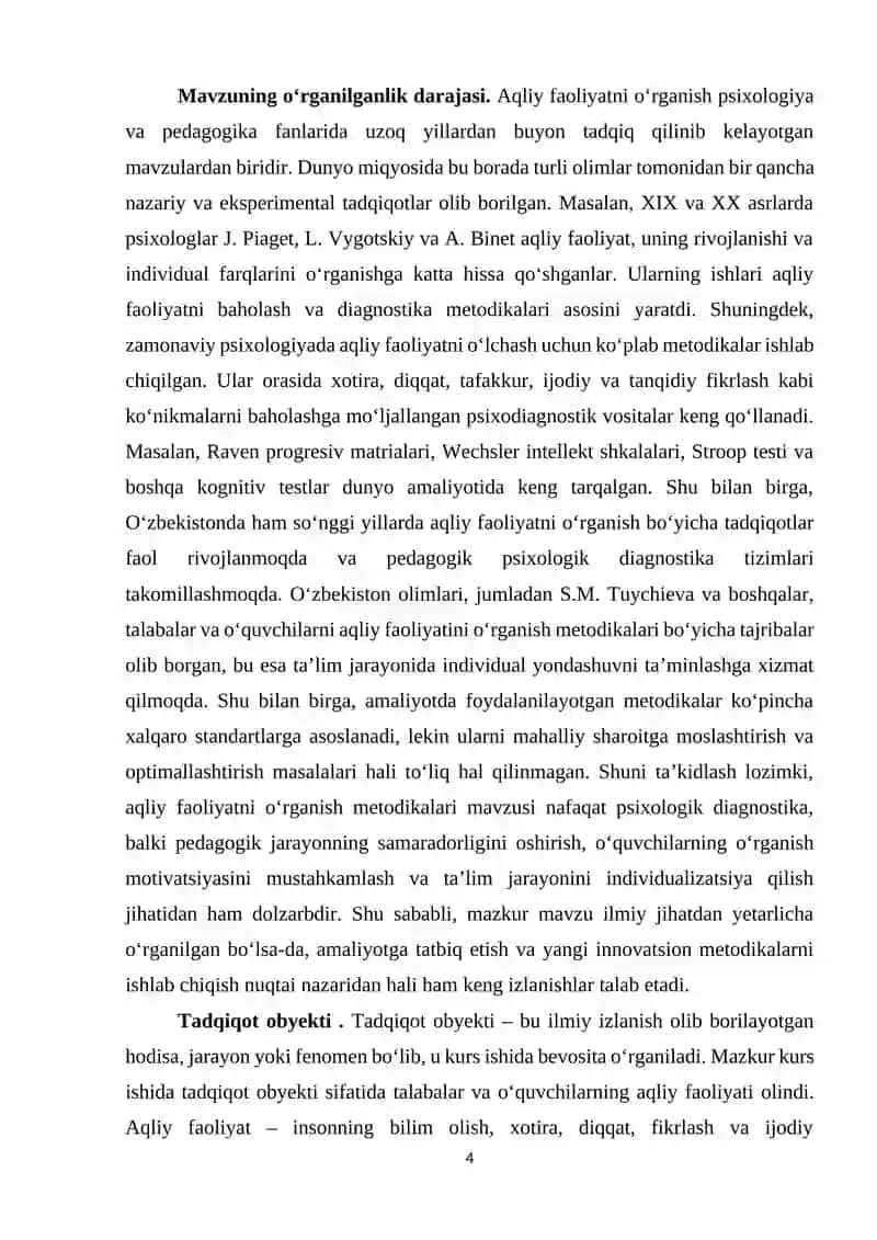 Aqliy faoliyatni o'rganish uchun metodikalar 4