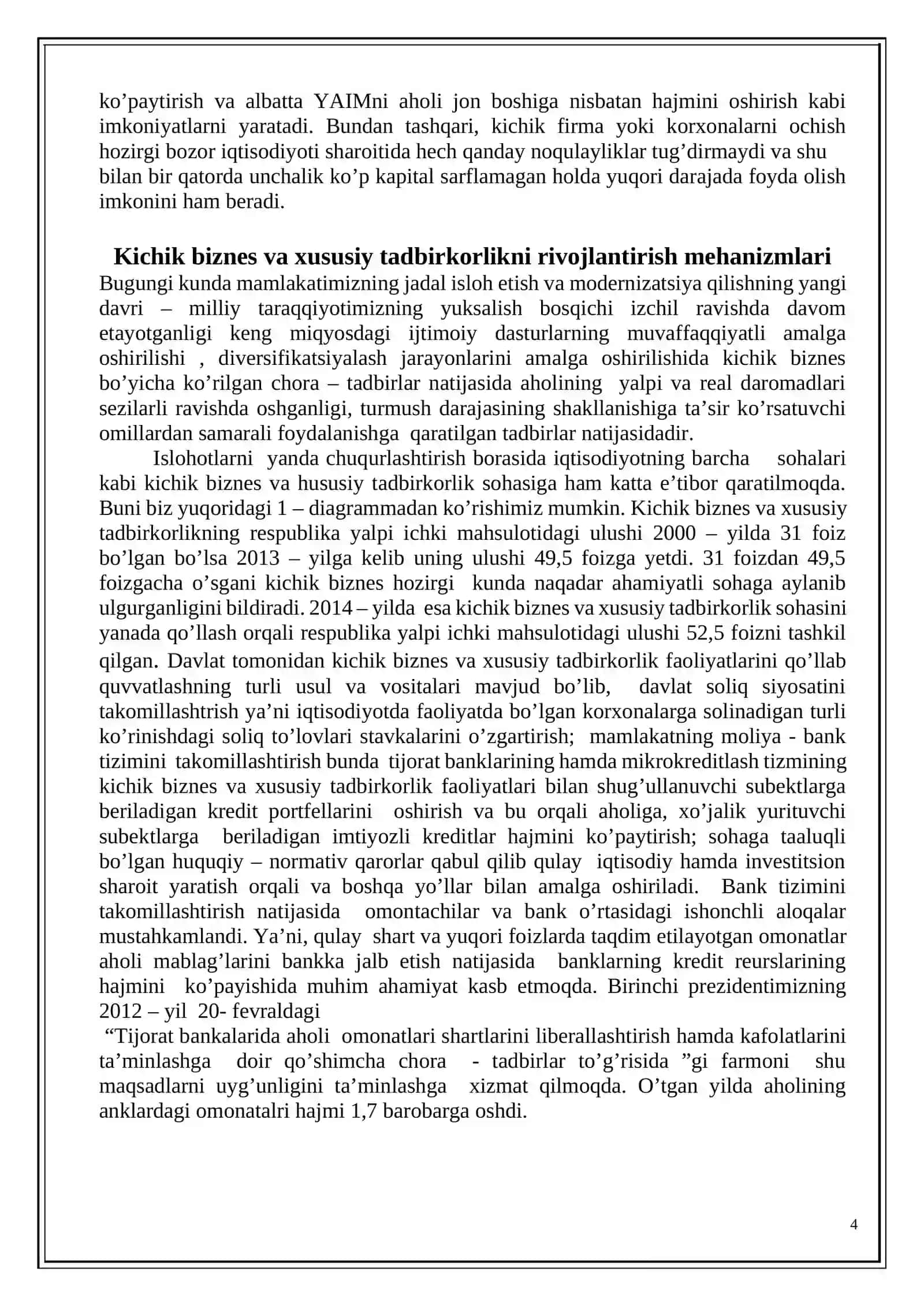 Kichik biznes va tadbirkorlikni mohiyati va iqtisodiyotda tutgan o’rni 4
