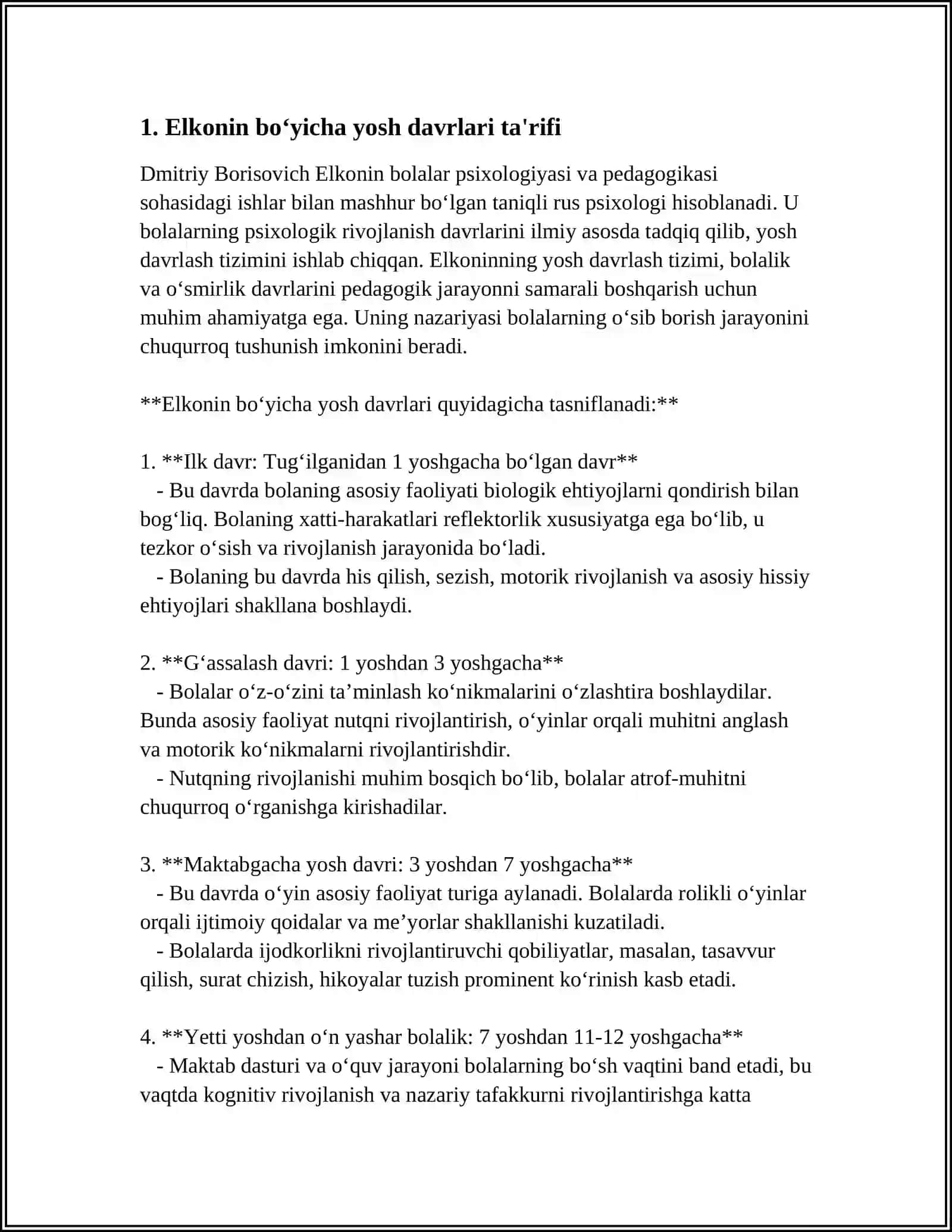 ELKONIN BO‘YICHA YOSH DAVRLARI REFERAT 4