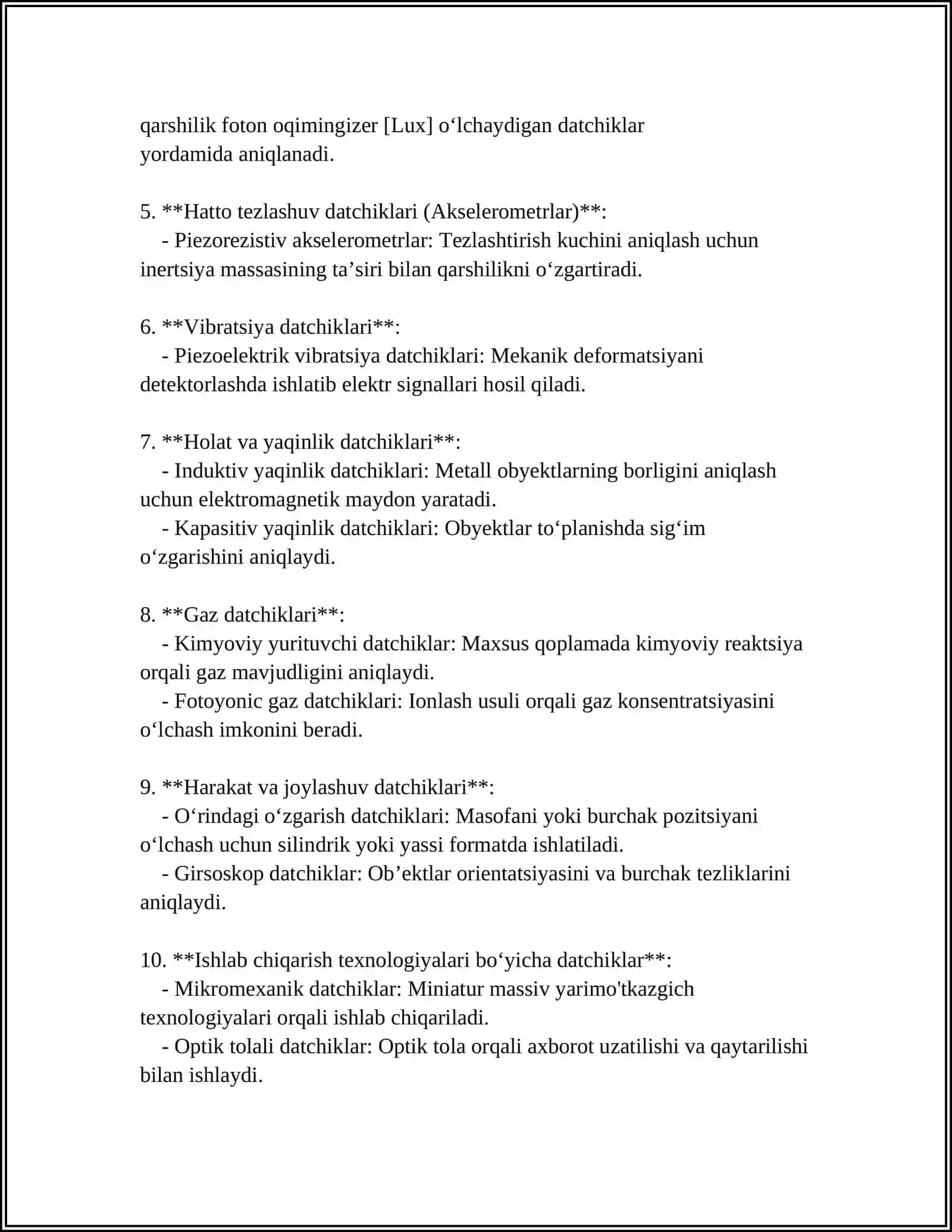 ELEKTOR BOLMAGAN KATTALIKLARNI O'ZGARTIRUVCHI QURILMALARNI O'RGANISH. SENSORLAR 4